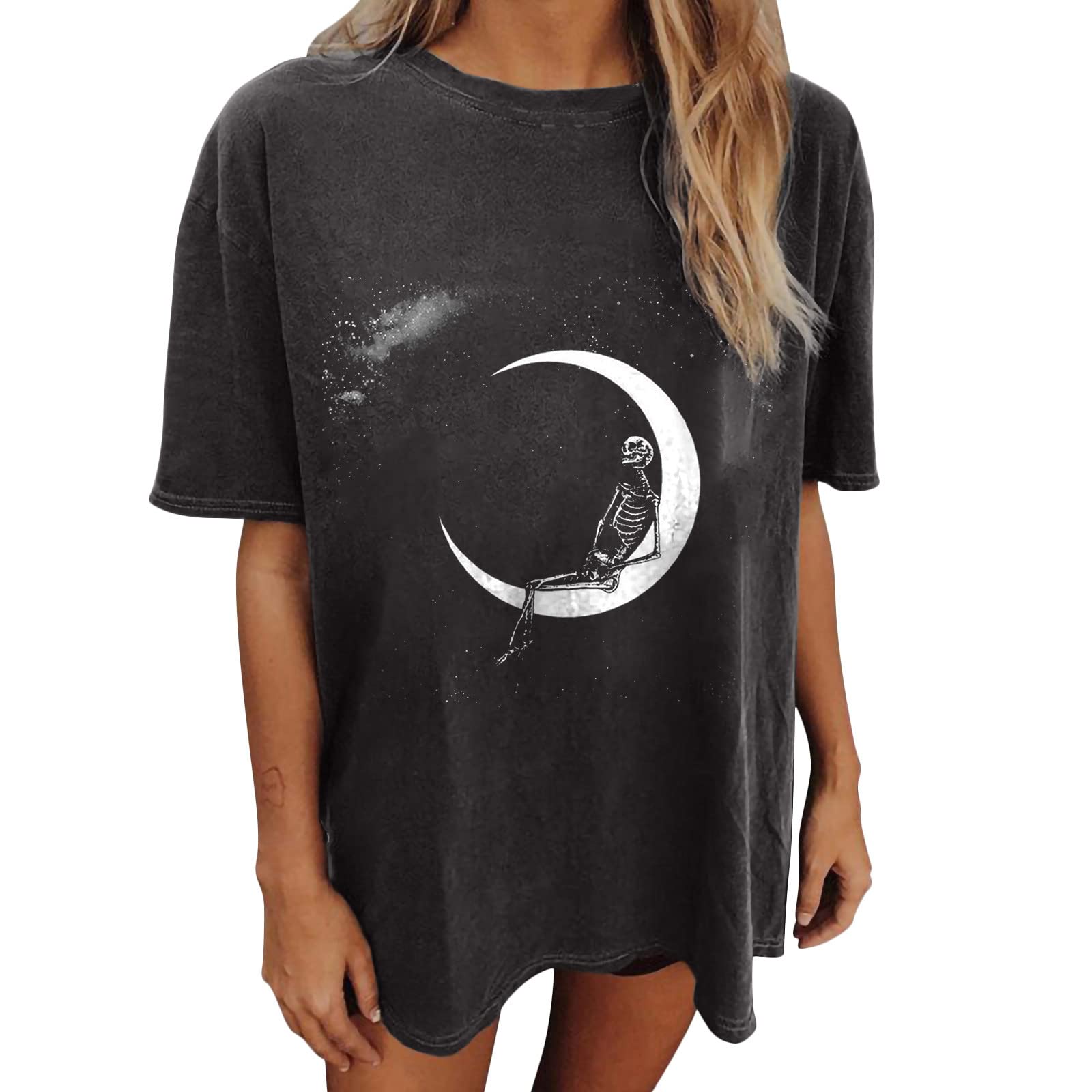 Vintage Women's Strapless Tops with Skull & Sun Moon Print - Drop Sleeve Short Sleeve Blouse for Casual Wear, Parties & Summer Outfits