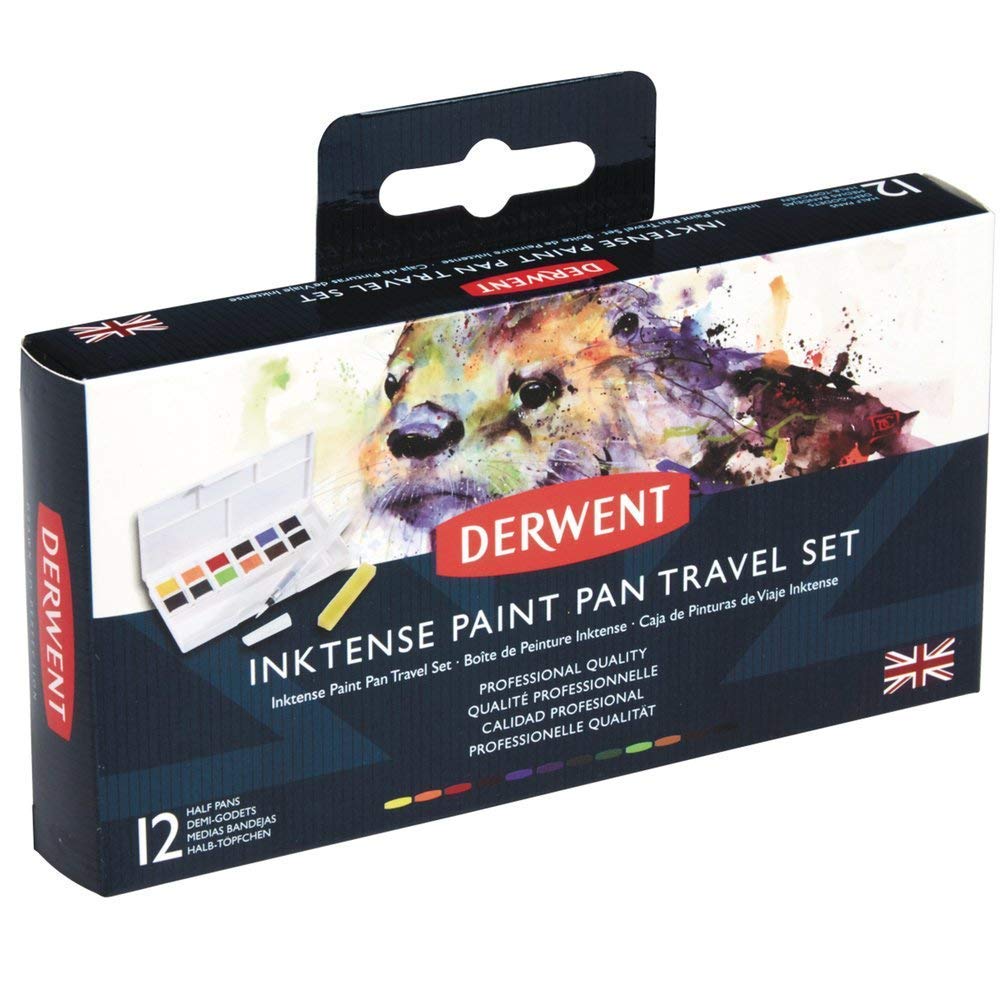 Derwent Inktense Watercolor Paint Set - 12 Vibrant Colors with Water Brush & Sponge | Portable Travel Art Supplies for Sketching, Journaling & Outdoor Painting | Professional Watercolor Pan Set (3-Pack)