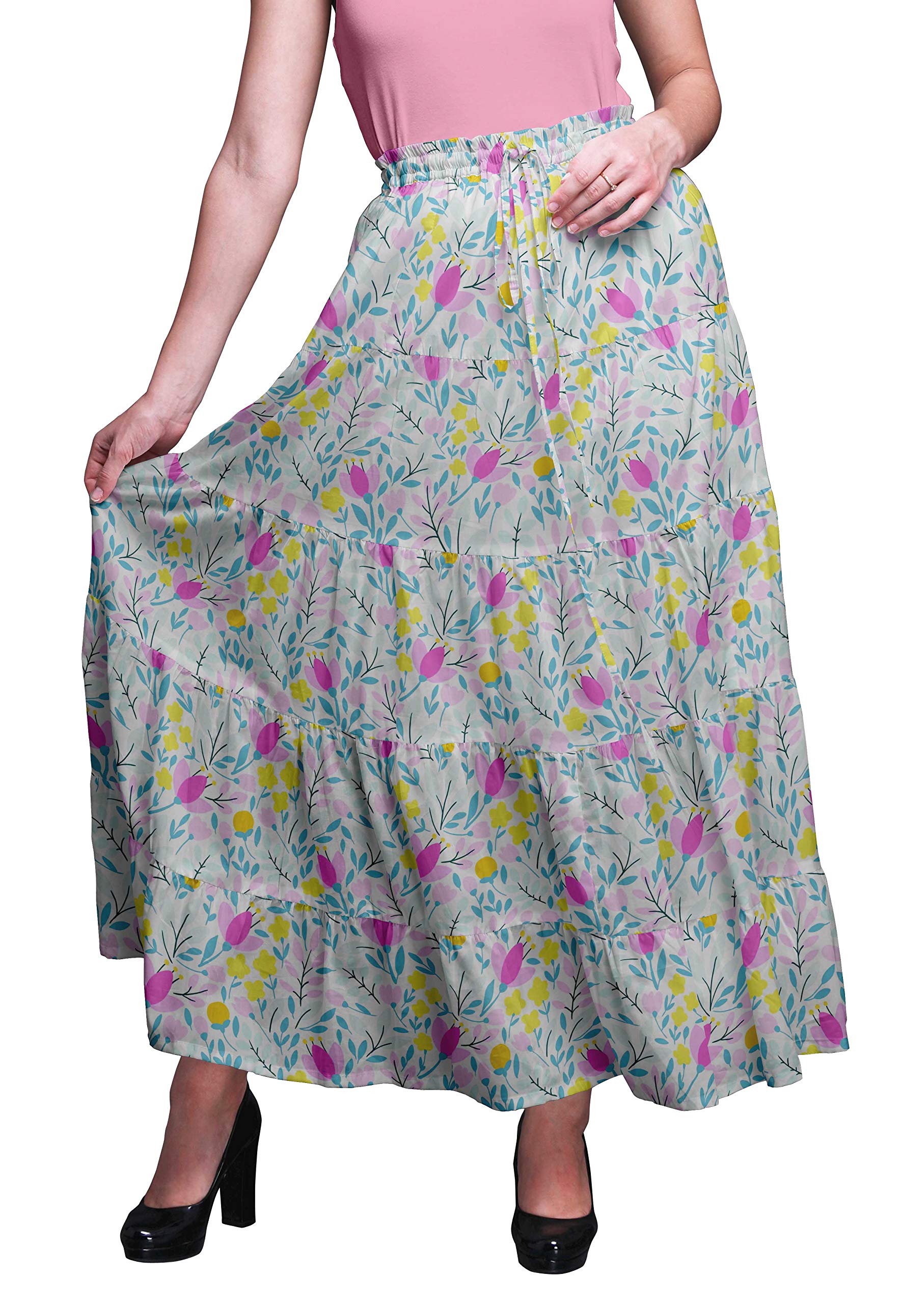 Boho Printed Long 5-Tier Cotton Skirt for Women | Flowy Maxi Skirt with Elastic Waist | Perfect for Beach, Festival & Summer Outfits