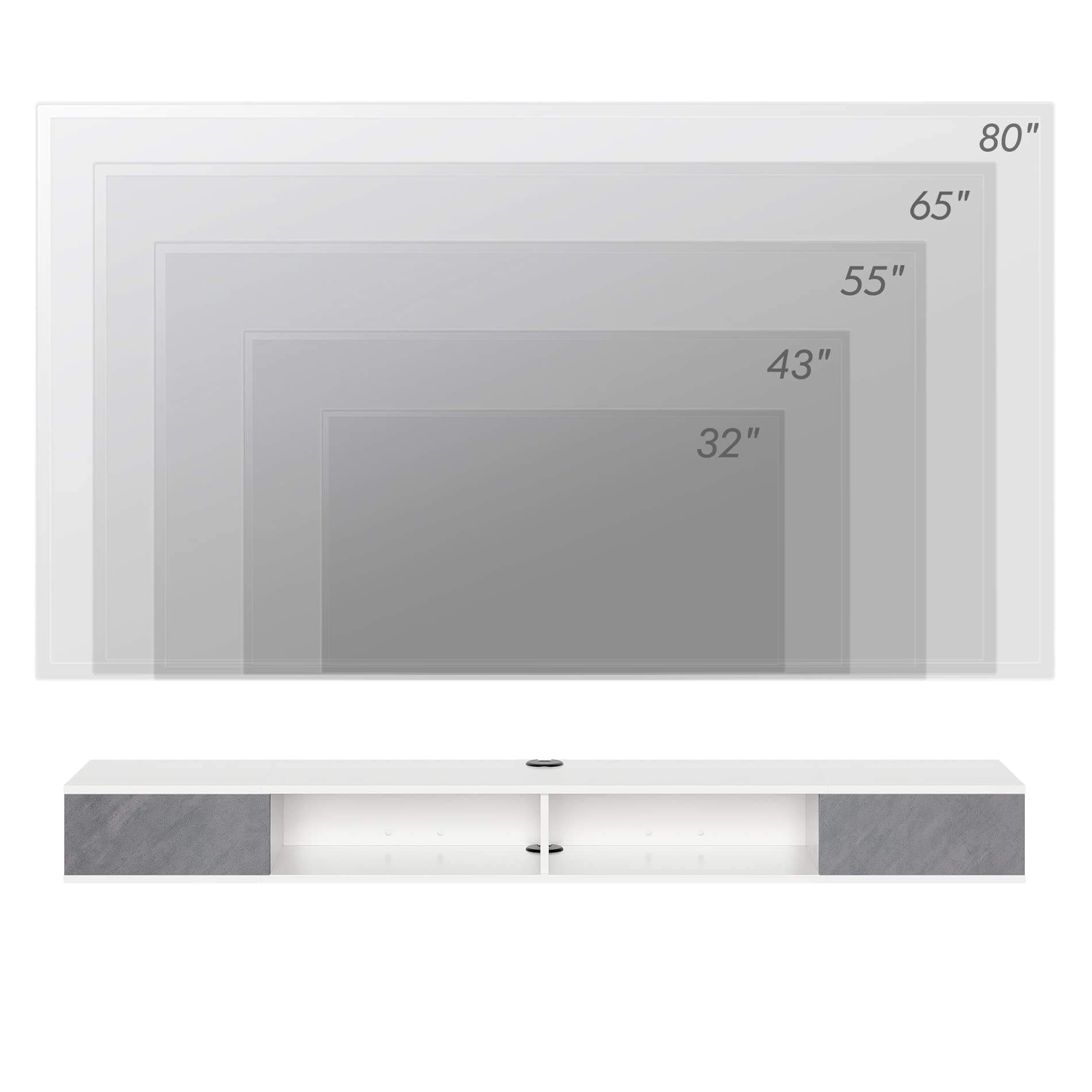 WAMPAT 70 Inch Floating TV Stand with Yellow/Blue LED Lights - Wall Mounted Entertainment Center & Media Console with Storage for 65/70/75 Inch TVs (White & Grey) - Perfect for Living Room, Bedroom, and Home Theater Setup