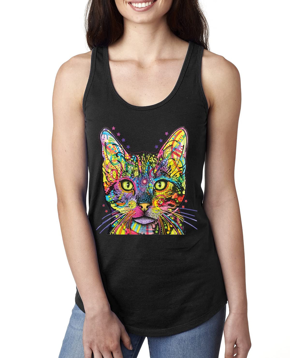 Dean Russo Art Cat Lover Racerback Tank Top - Colorful Cat Mom & Dad Design for Women - Perfect for Casual Wear, Gifts & Animal Enthusiasts