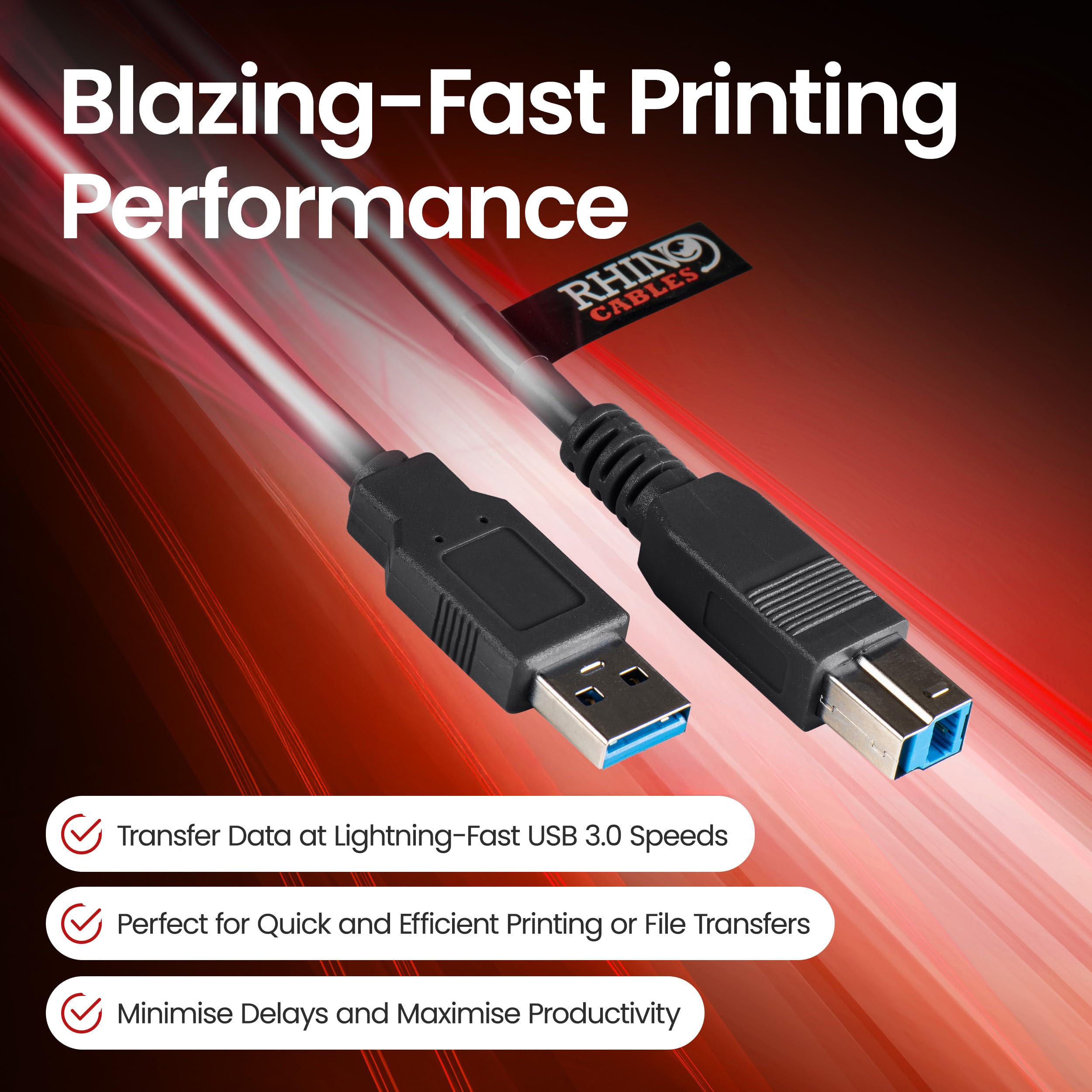 Rhinocables USB 3.0 Printer Cable A Male to B Male 3m - High Speed Data Transfer for Printers, Scanners, External Hard Drives - Compatible with HP, Brother, Dell, Epson (Black) | Perfect for Home Office, Small Business & Professional Printing Setup
