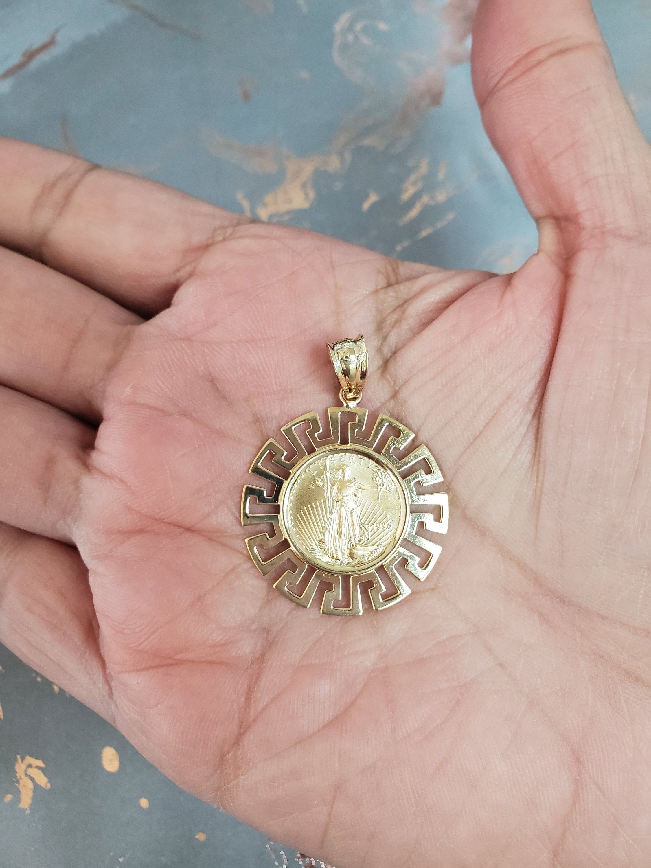 14k Yellow Gold Greek Key Bezel 1/10 oz Lady Liberty Pendant Necklace - Elegant Jewelry Gift for Women, Perfect for Weddings, Anniversaries & Special Occasions