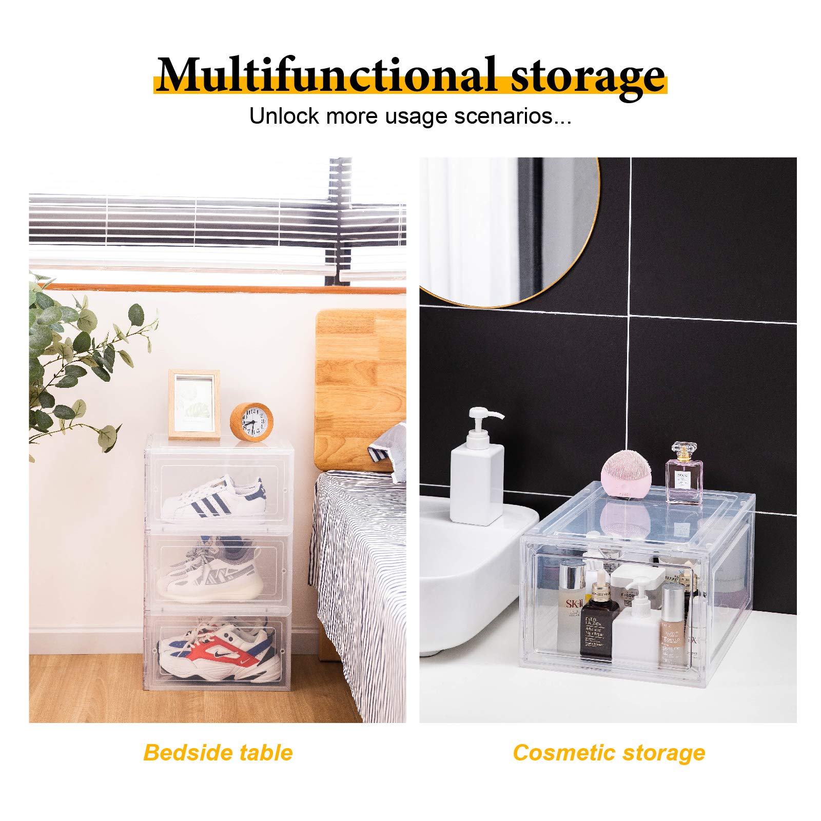 Attelite Stackable Clear Plastic Shoe Storage Box Organizer with Magnetic Door - Set of 6, Thick & Sturdy, Easy Assembly, Fits Up to US Men's Size 12 (Black) - Perfect for Closet Organization, Sneaker Display, and Shoe Collection Storage