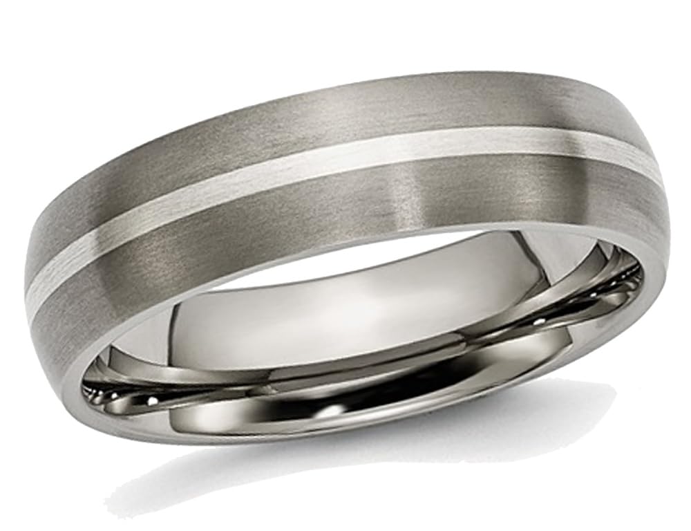 Men's 6mm Titanium Wedding Band Ring with Sterling Silver Inlay - Durable Brushed Finish for Everyday Wear & Special Occasions