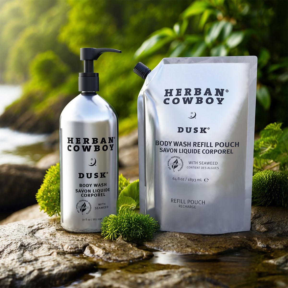 Herban Cowboy Dusk Scented Body Wash - 30oz Eco-Friendly Aluminum Bottle with 64oz Refill Pouch - Natural Men's Shower Gel for Daily Use & Travel