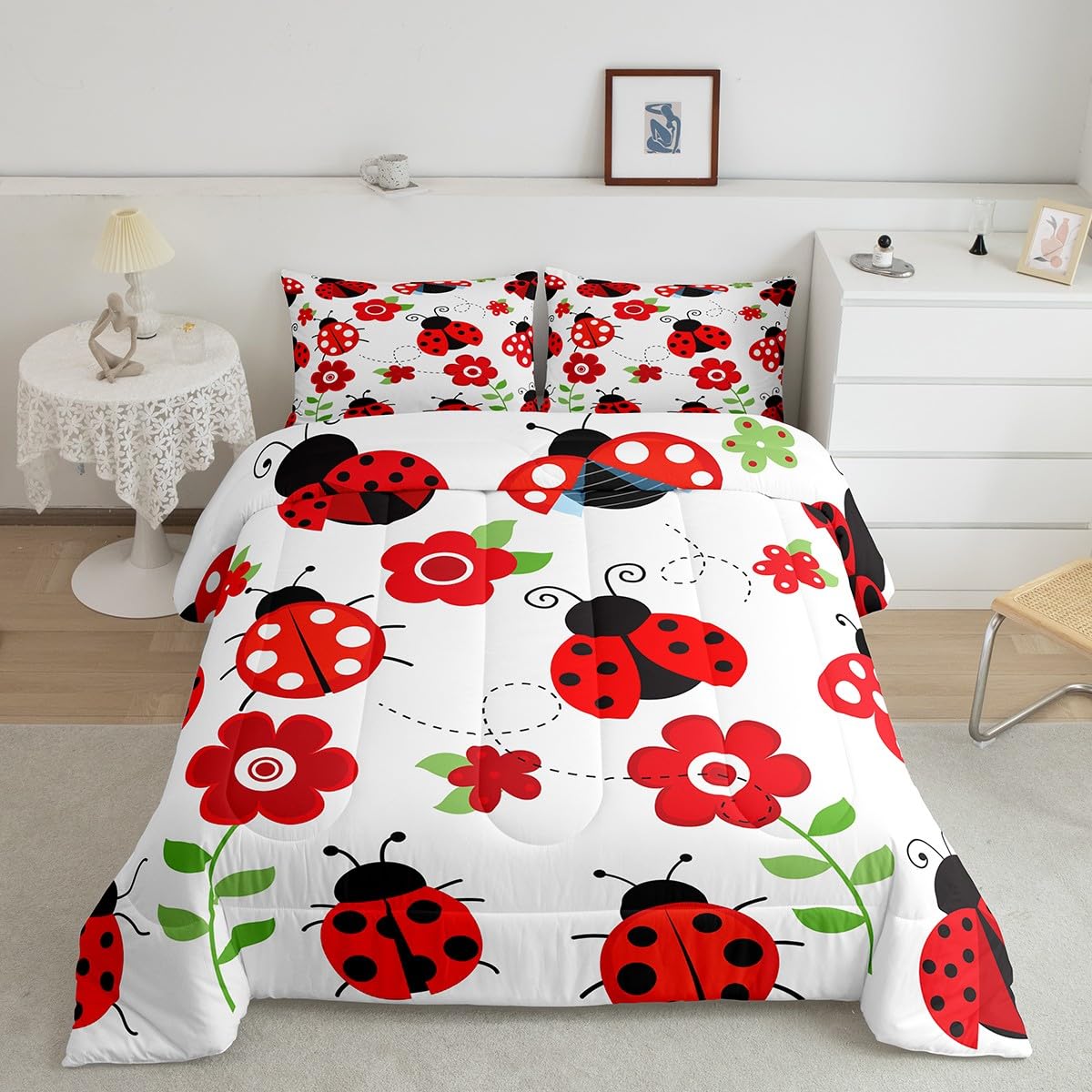 Ladybug Comforter Set Queen Size - Cute Cartoon Bug Design for Kids & Adults - Red Floral Animal Print Bedding - Lightweight Warm Soft Comforter with 2 Pillowcases - Perfect for Boys Room Decor, Entomology Theme Bedroom, or Cozy Dorm Room