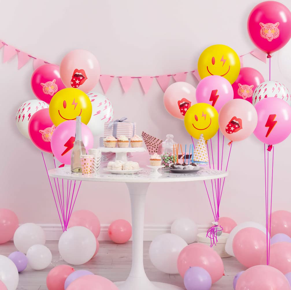 50Pcs Hot Pink Smiley Face Balloons with Ribbon - 12 Inch Latex Party Balloons for Y2K Themed Birthday, Bachelorette & Retro Parties - Perfect for Teen Girls' Celebrations, Room Decor & Early 2000s Nostalgia Events