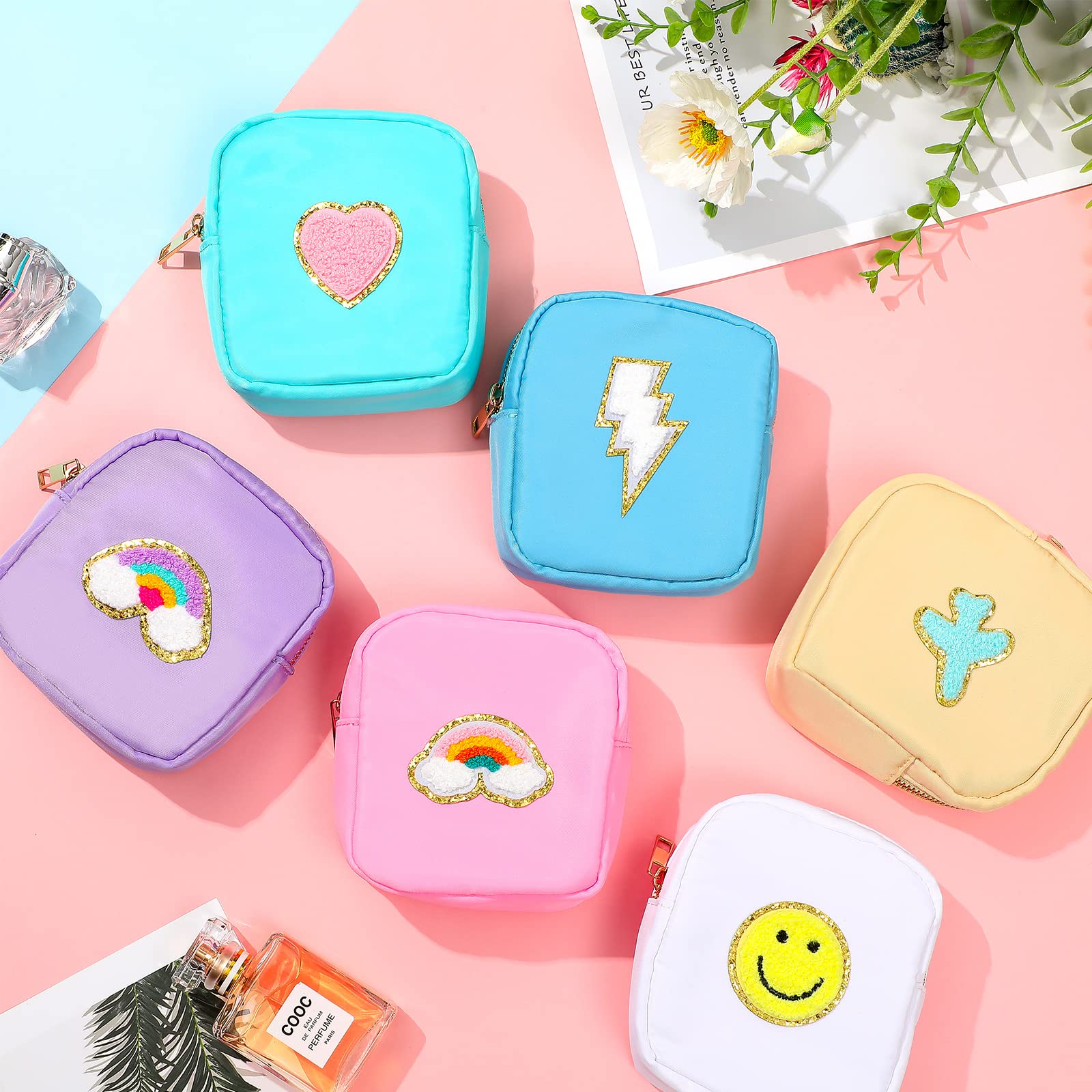 Zubebe 6-Piece Preppy Patch Cute Makeup Bags Set - Waterproof Nylon Toiletry & Skincare Pouches with Chenille Letter Design - Small Zippered Cosmetic Organizer for Purse, Travel, Gym & School Essentials (Pastel Colors)
