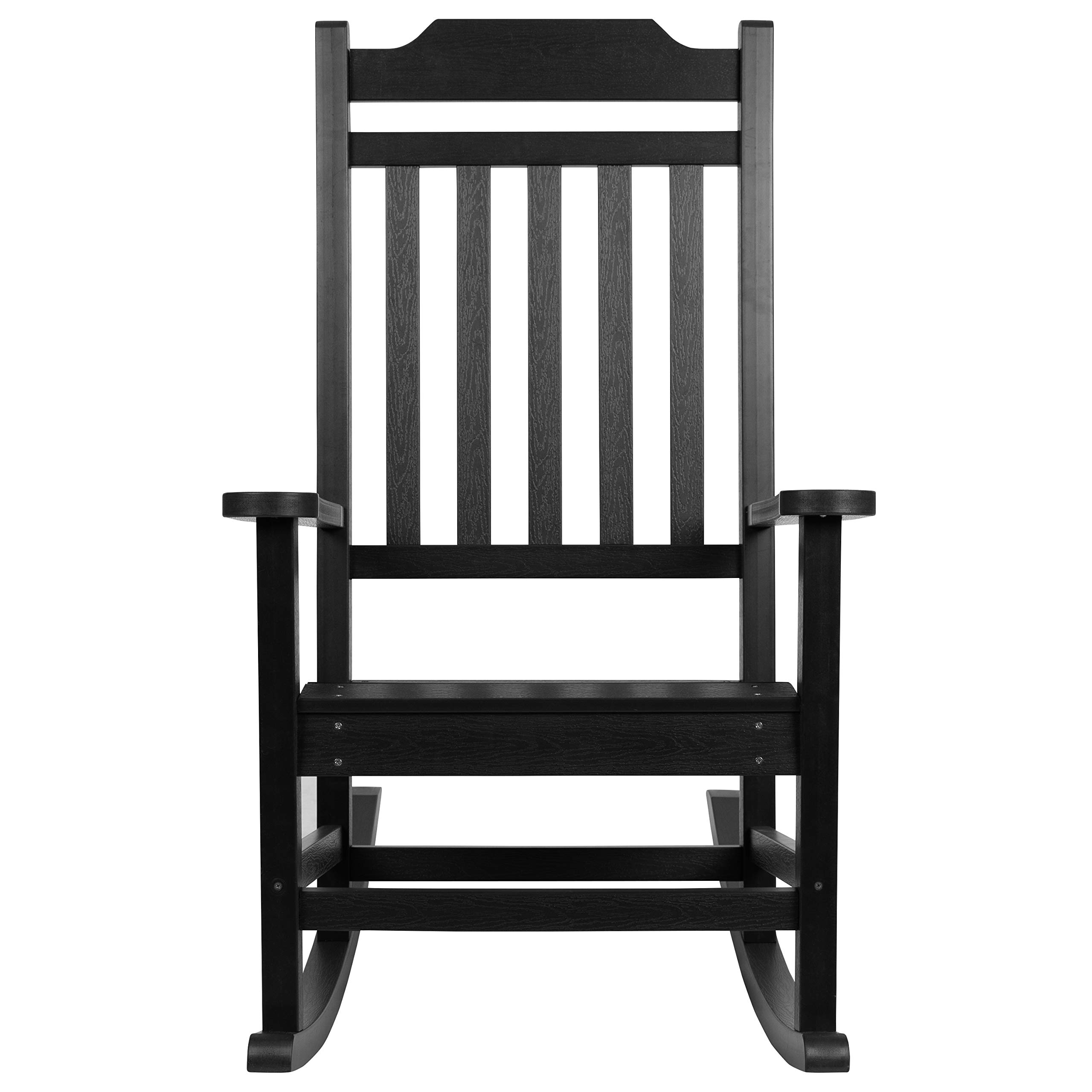 EMMA + OLIVER Set of 2 All-Weather Rocking Chairs - Black Poly Resin Faux Wood Outdoor Furniture for Patio, Garden, Deck & Backyard Relaxation