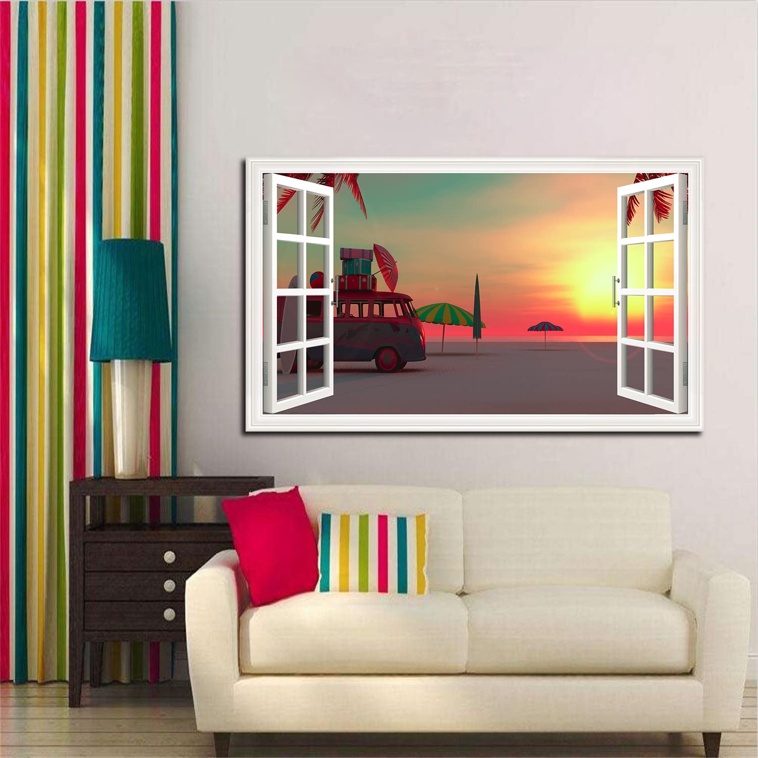 Minimalist Picnic Van Beach Canvas Art - Fake Open Window Wall Decor for Living Room, Office, Bedroom - Ready to Hang - Perfect for Coastal, Boho & Farmhouse Home Decor