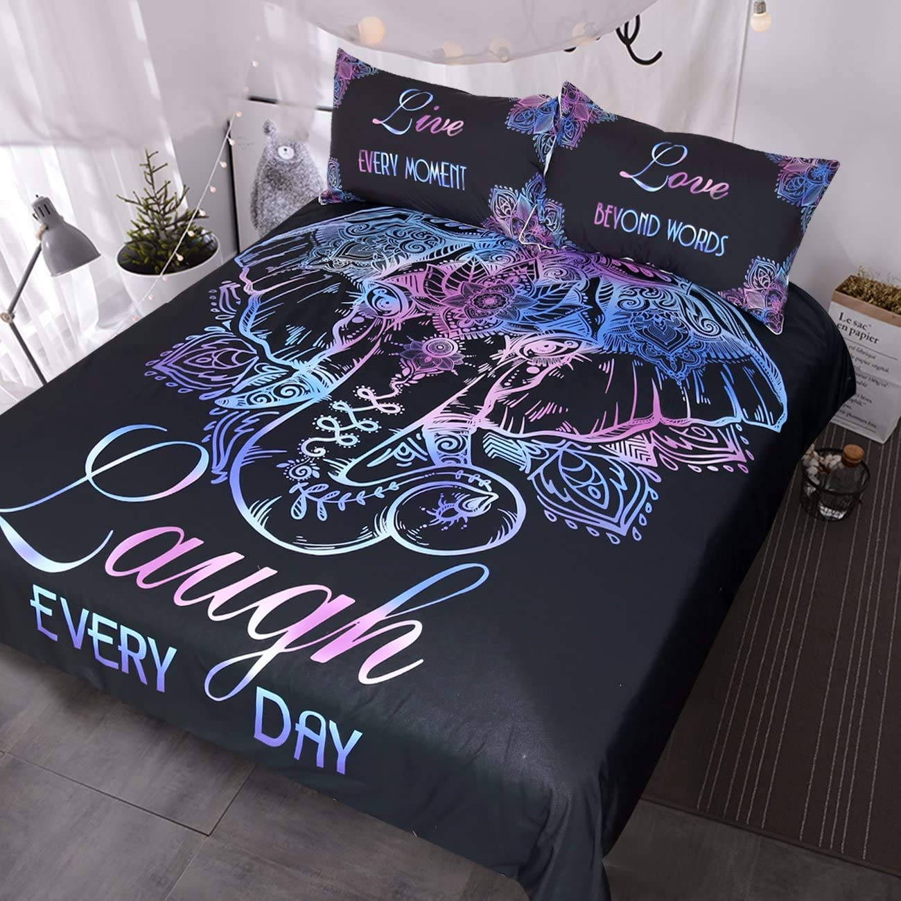 Funky Elephant Duvet Cover Set King - Paisley Lotus Design for Couples Bedroom Decor