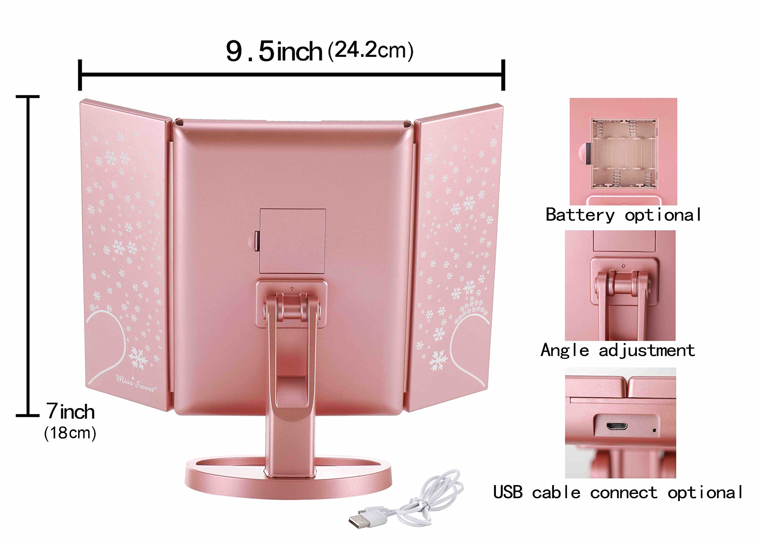 Miss Sweet Lighted Trifold Makeup Mirror - Rose Gold Vanity Mirror with LED Lights for Beauty & Makeup | Perfect for Dressing Table, Bedroom, and Travel