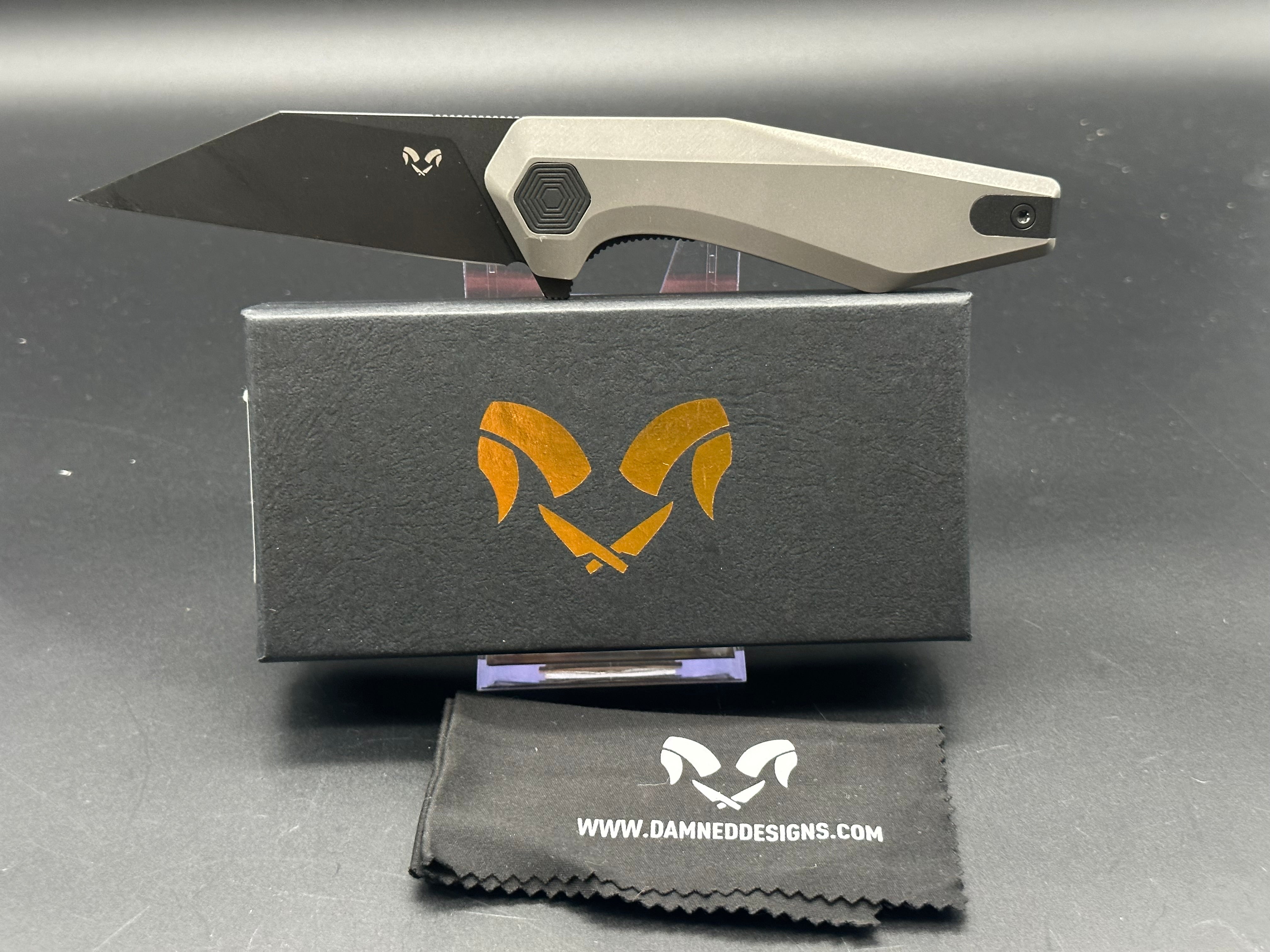 Damned Designs Fenrir Stonewash Titanium Reverse Tanto Knife - Black CPM S35VN Steel Blade - EDC, Outdoor Camping, Survival Gear, Tactical Tool