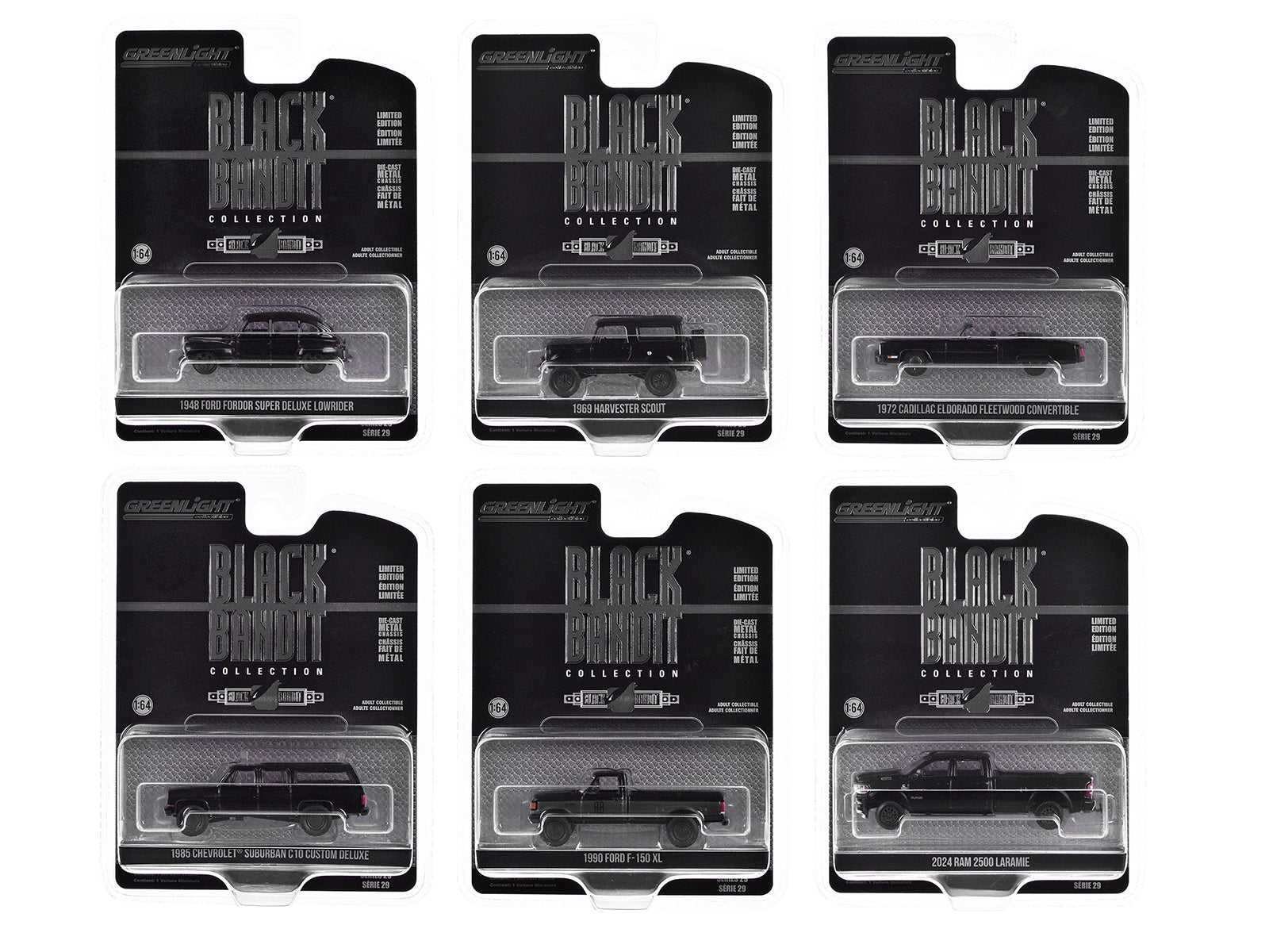 Greenlight Black Bandit 6-Piece Set Series 29 1/64 Diecast Model Cars - Collectible Miniature Vehicles for Display, Racing Games & Gift Giving