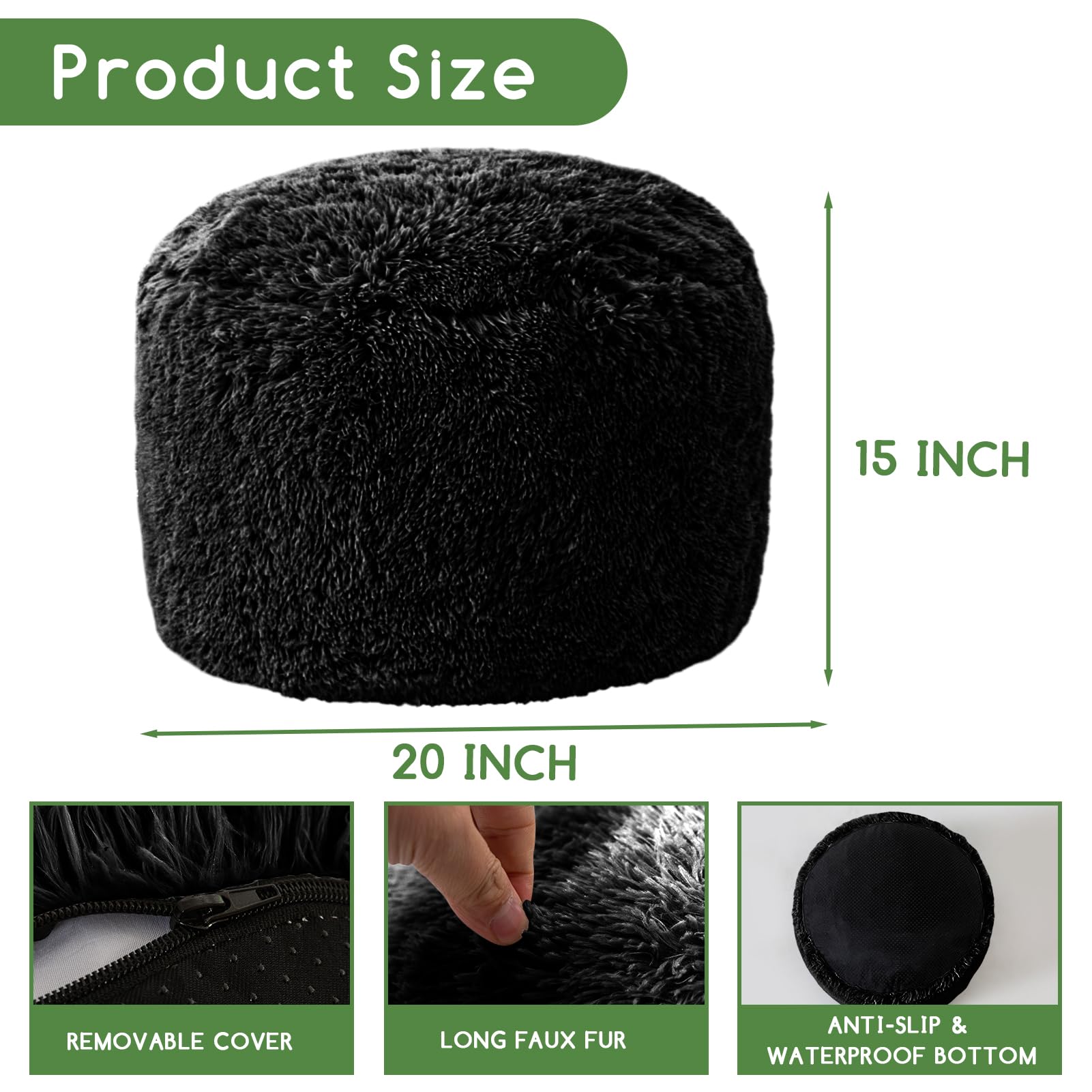 MAXYOYO Round Stuffed Pouf Ottoman - Long Faux Fur Footrest with Foam Chunk Filling, Black - Perfect for Living Room, Bedroom & Nursery Decor