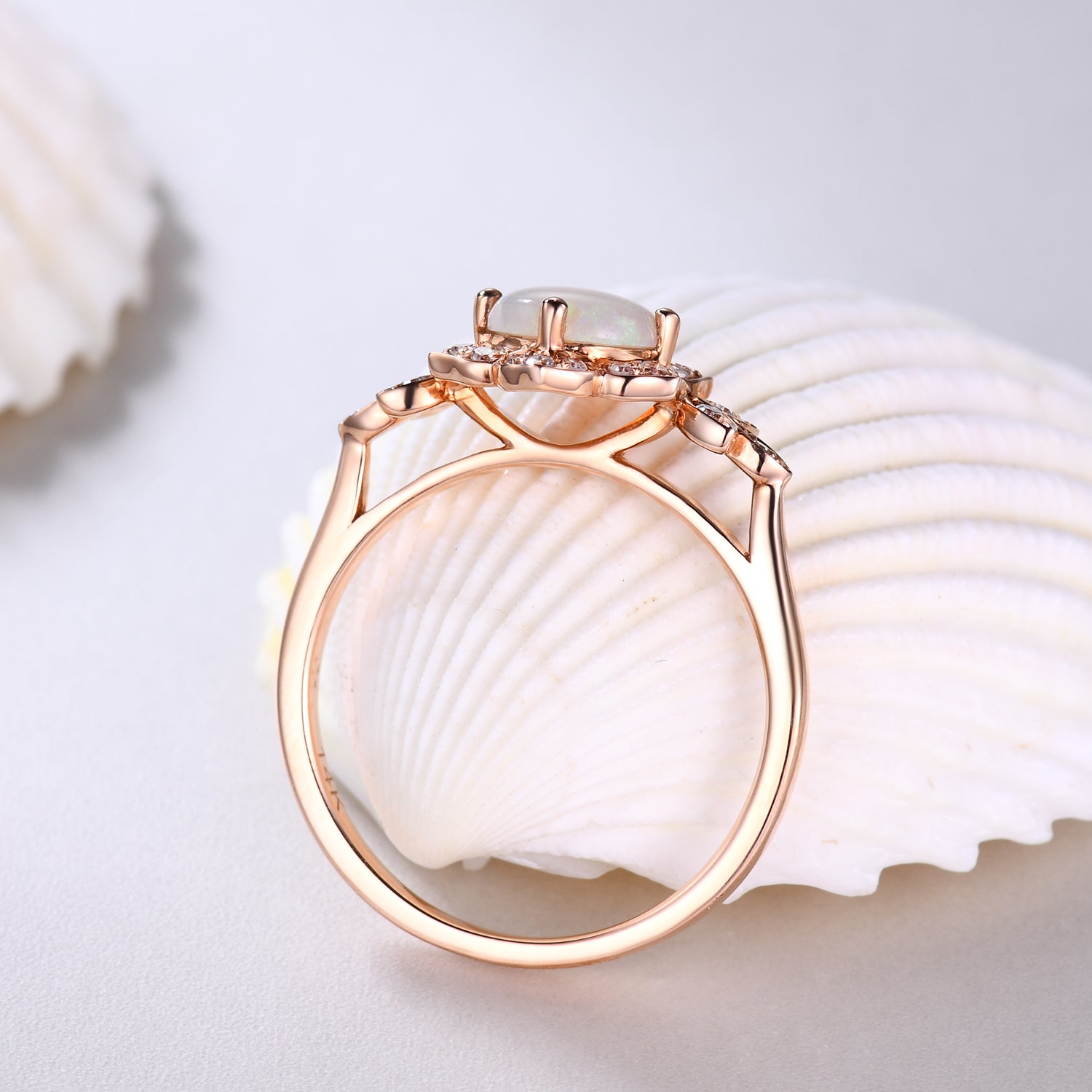Round White Opal and Moissanite Diamond Engagement Ring - Halo Floral Design for Wedding, Proposal & Anniversary Gifts
