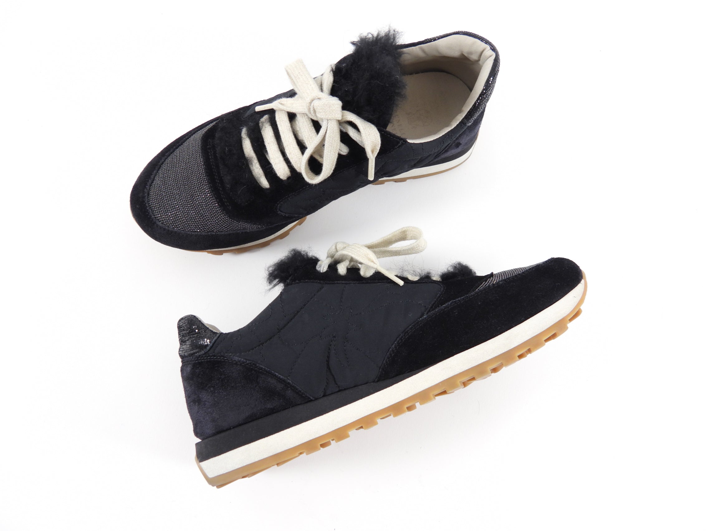 Brunello Cucinelli Black Shearling Nylon Monili Sneakers - Women's Size 38.5/38 - Luxurious Comfort for Winter Walking & Casual Outfits