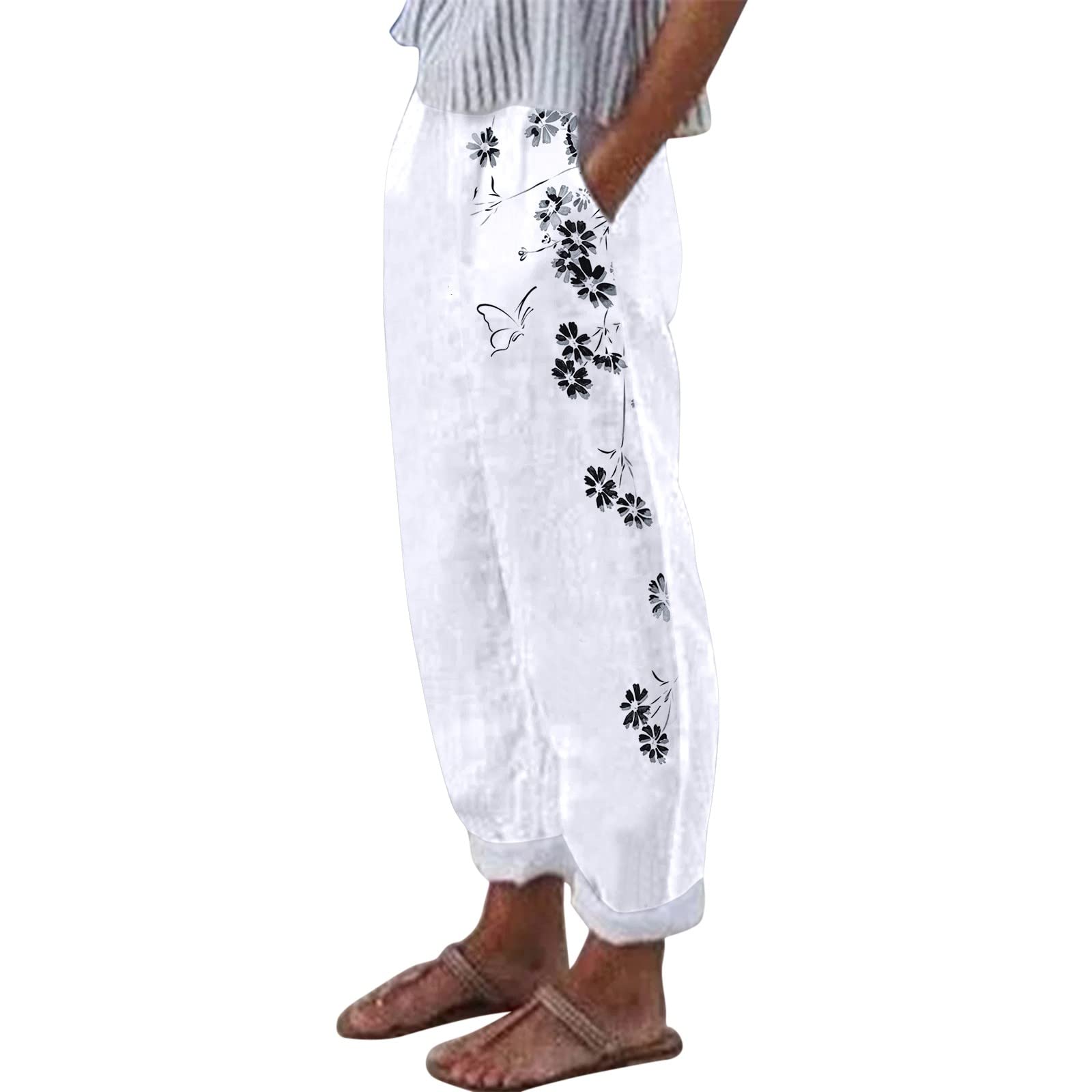 Women's Wide Leg Linen Capri Pants - High Waist Floral Print Cropped Trousers for Casual Wear | Summer Beach Outfits, Boho Chic Style & Office Comfort
