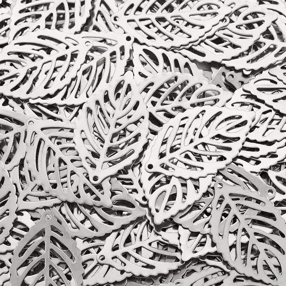 FASHEWELRY 200Pcs 304 Stainless Steel Leaf Pendants - DIY Jewelry Making Supplies for Necklace & Bracelet - Rustproof Metal Filigree Charms (Perfect for Crafting, Gifts & Boho Style Accessories)