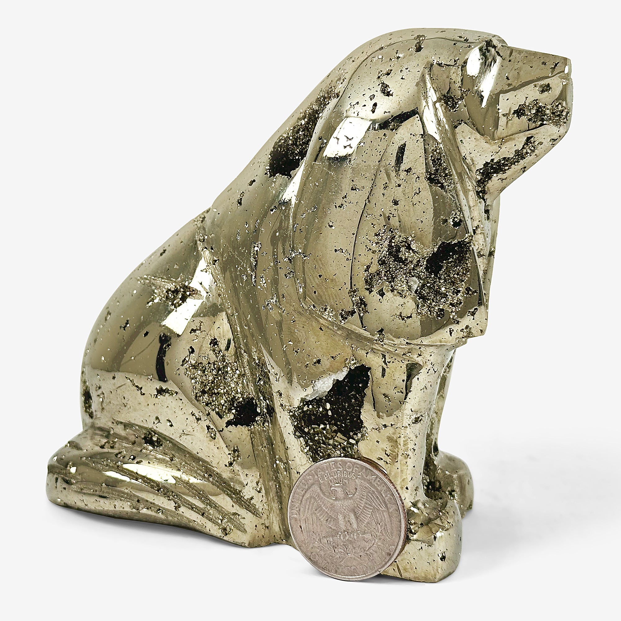 Hand Carved Pyrite Dog Gemstone Figurine - Natural Mineral Crystal Animal Sculpture for Home Decor, Office Desk Display, and Feng Shui Collection