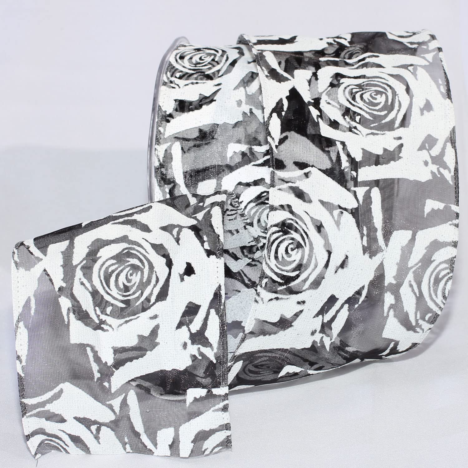 Sheer Black Roses Print Wired Craft Ribbon - 3 Inches x 20 Yards for Gift Wrapping, Floral Arrangements & DIY Wedding Decorations