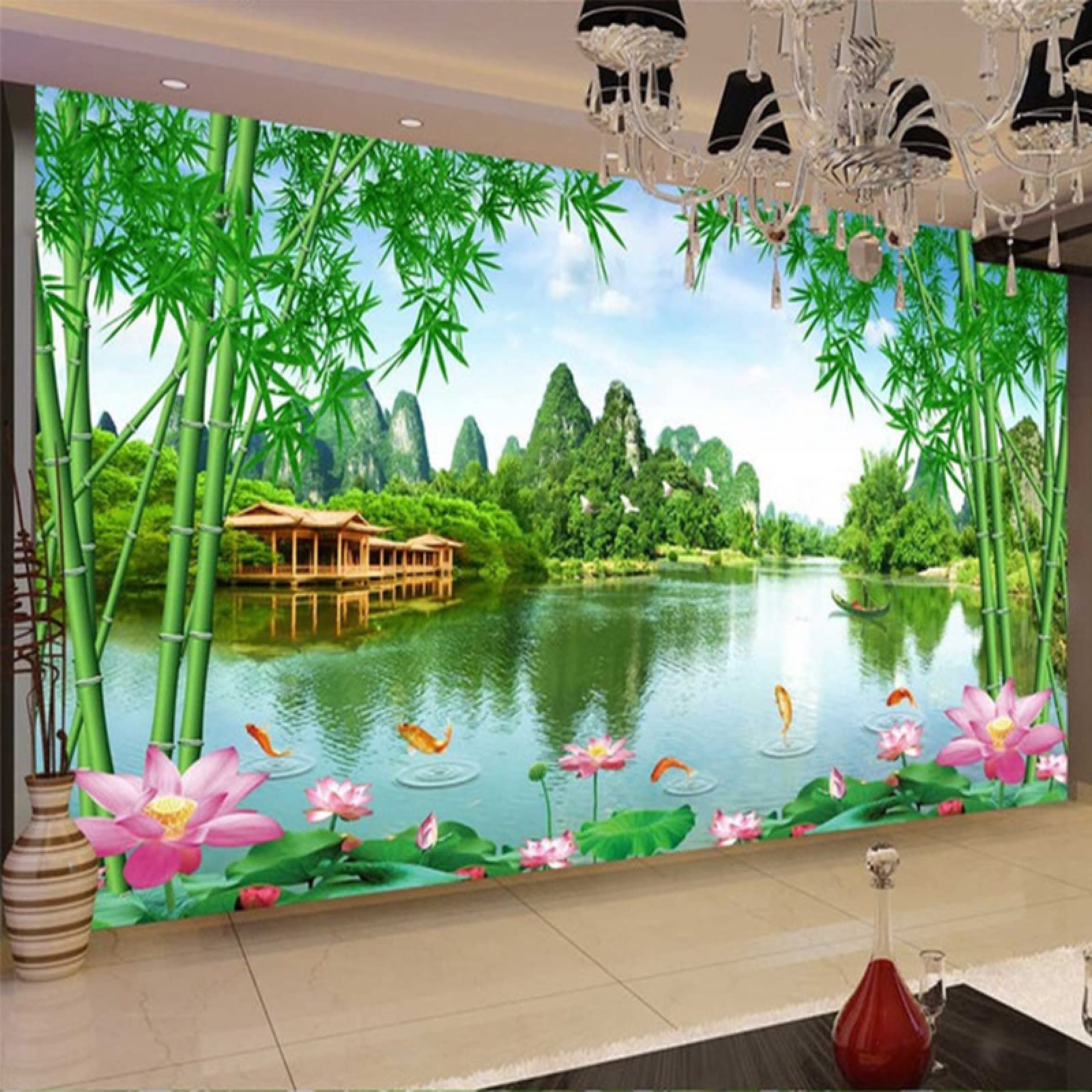 Custom 3D Bamboo Lotus Nature Landscape Wallpaper Mural - Waterproof Art Decor for Living Room, TV & Sofa Backdrop - 157.5x110.3 inches (WxH) - Perfect for Home, Office & Commercial Spaces