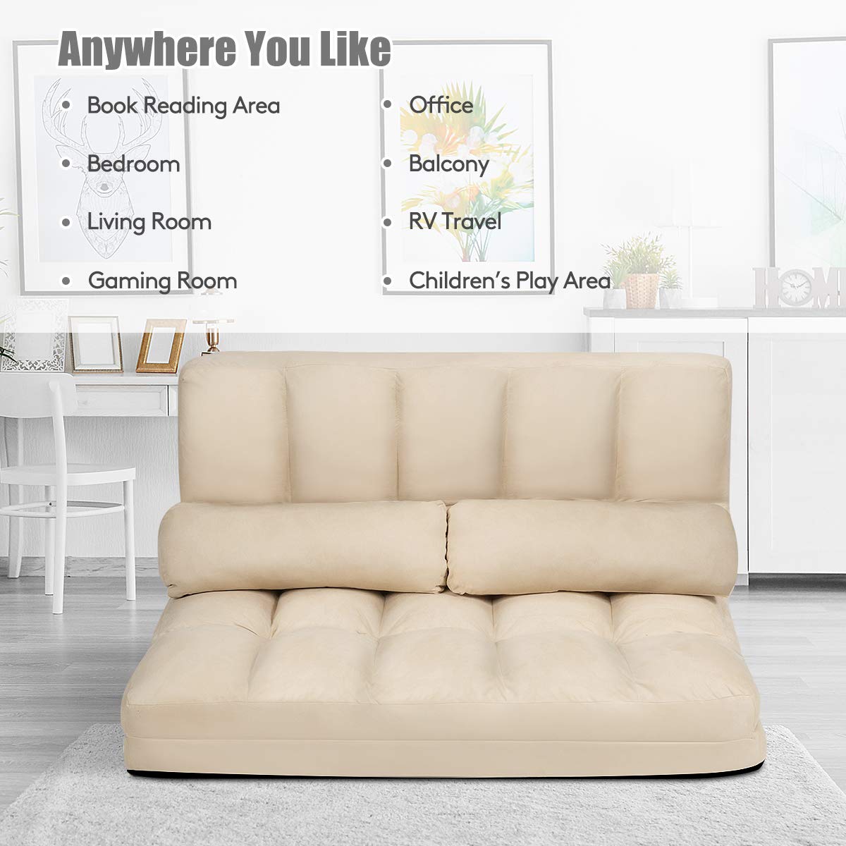 S AFSTAR 6-Position Adjustable Folding Sofa Bed with 2 Pillows - Convertible Futon Couch for Living Room, Bedroom & Small Spaces - Comfortable Sponge Filling Sleeper Sofa (Beige) | Perfect for Apartments, Guest Rooms & Home Offices