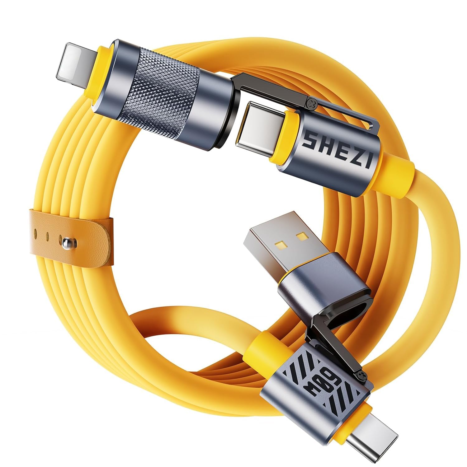 4-in-1 USB C to Lightning Cable 60W Fast Charging & Data Sync Cable - 5FT Yellow Multi-Port Charger for iPhone 16/15/14/13, iPad, MacBook, Samsung Galaxy (Type C/Lightning/USB A) - Perfect for Home, Office & Travel Charging Needs [SHEZI Series]