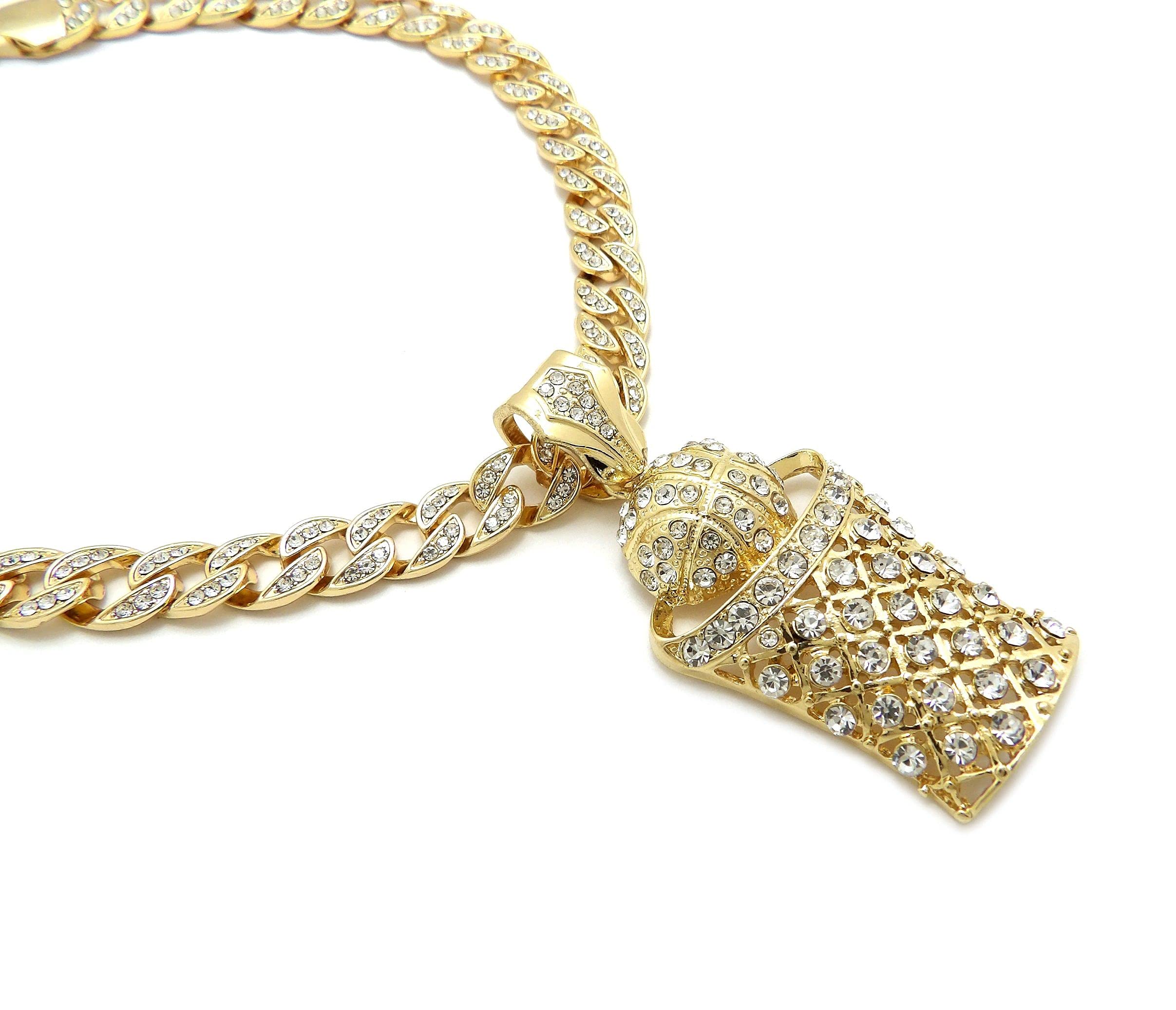 NYFASHION101 10mm Iced Out Miami Cuban Chain Necklace with Stone Stud Basketball Net Pendant - Perfect for Hip Hop Jewelry, Streetwear Fashion & Basketball Lovers Accessories