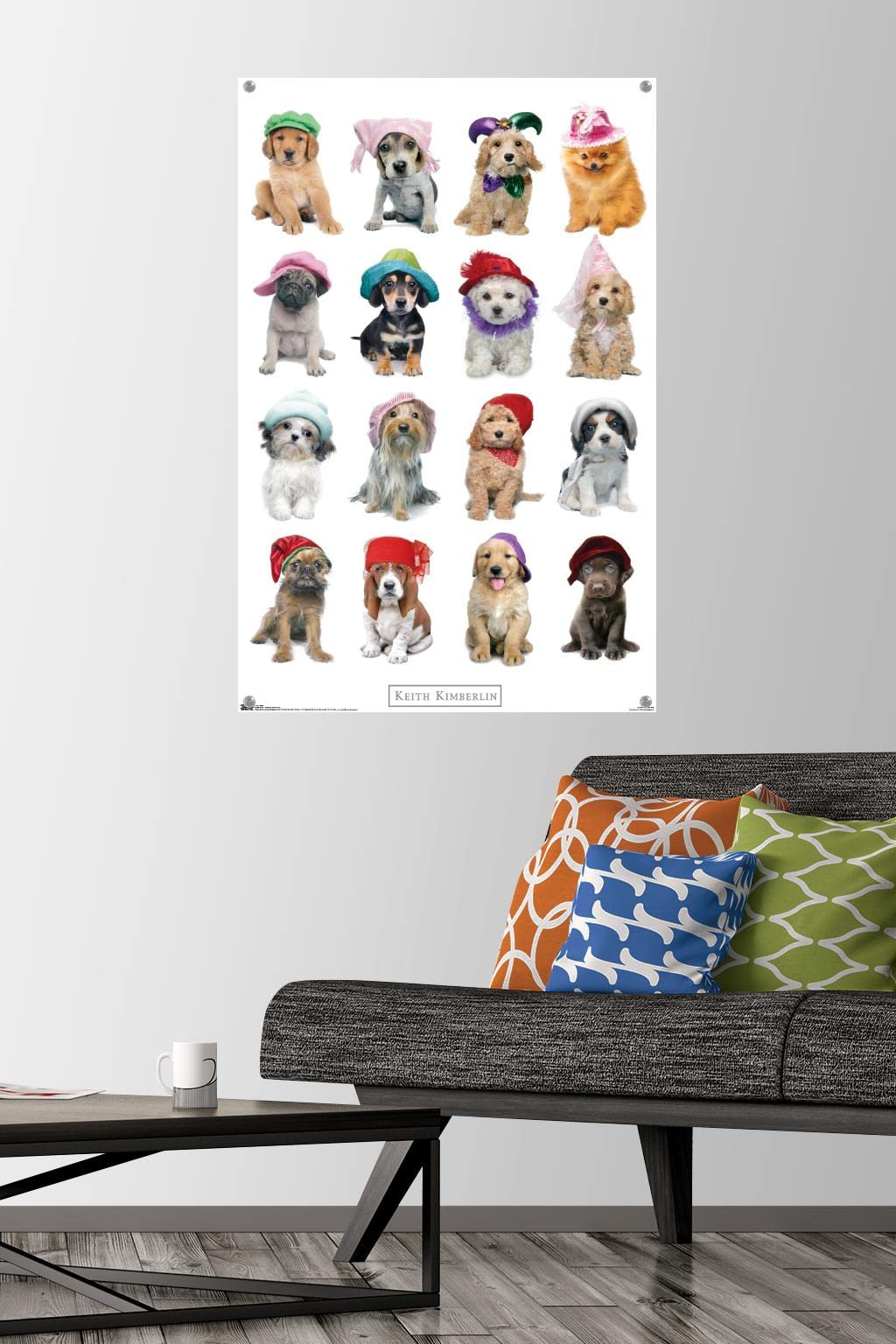 Keith Kimberlin - Puppies With Hats Wall Poster with Push Pins | Cute Dog Art Print for Home & Office Decor | Perfect for Living Room, Bedroom, Nursery, or Gift