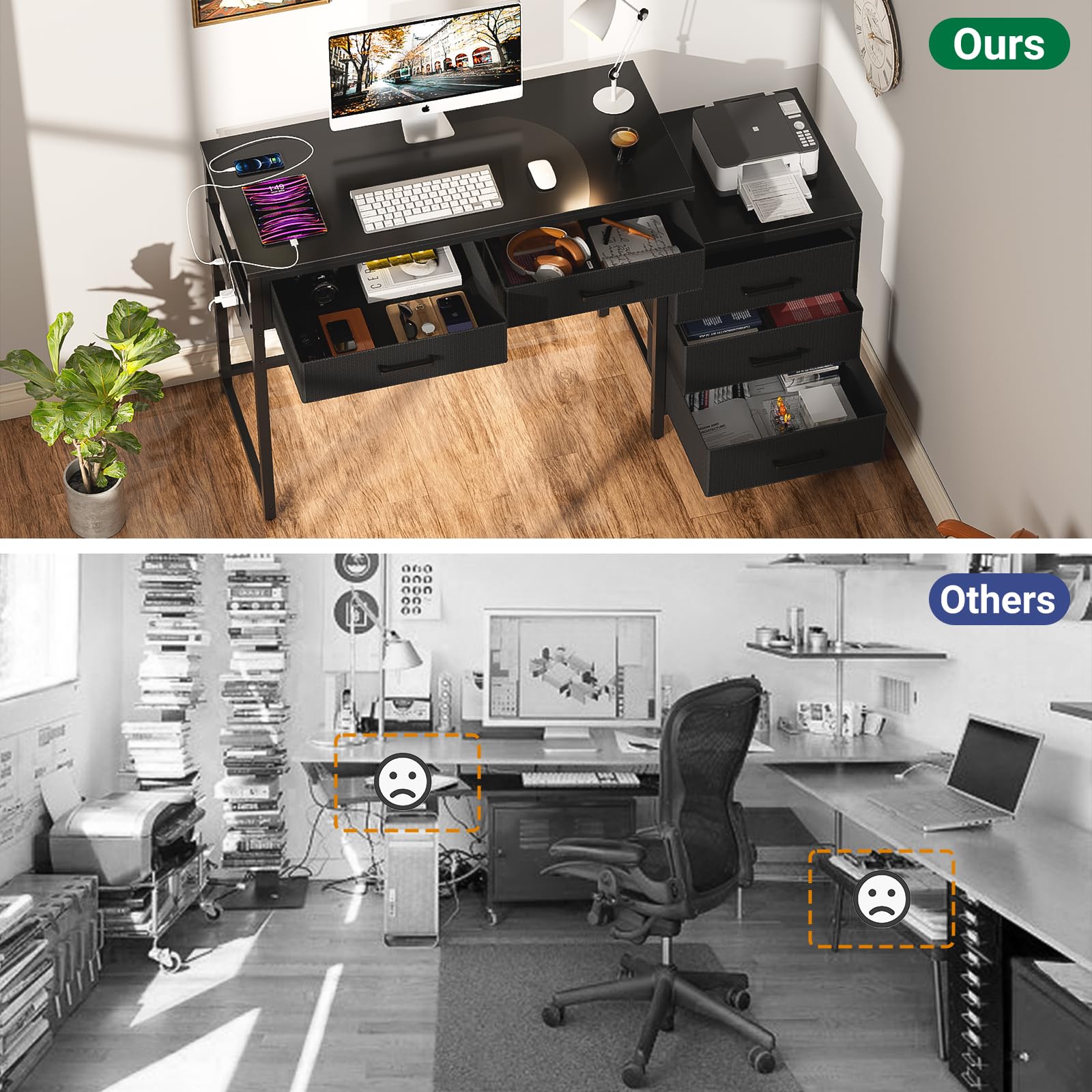 Reversible Computer Desk with 5 Drawers & Power Outlets - Sturdy Office Desk with USB Ports, File Cabinet & Printer Stand - Black Corner Writing Table for Home Office, Gaming Setup & Workstation Storage Solution