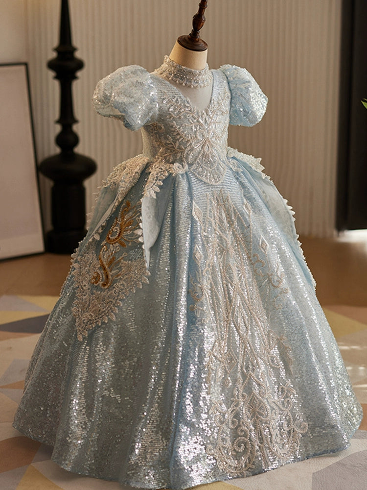 Elegant Blue V-Neck Floor-Length Sequined Flower Girl Dress for Weddings & Special Occasions