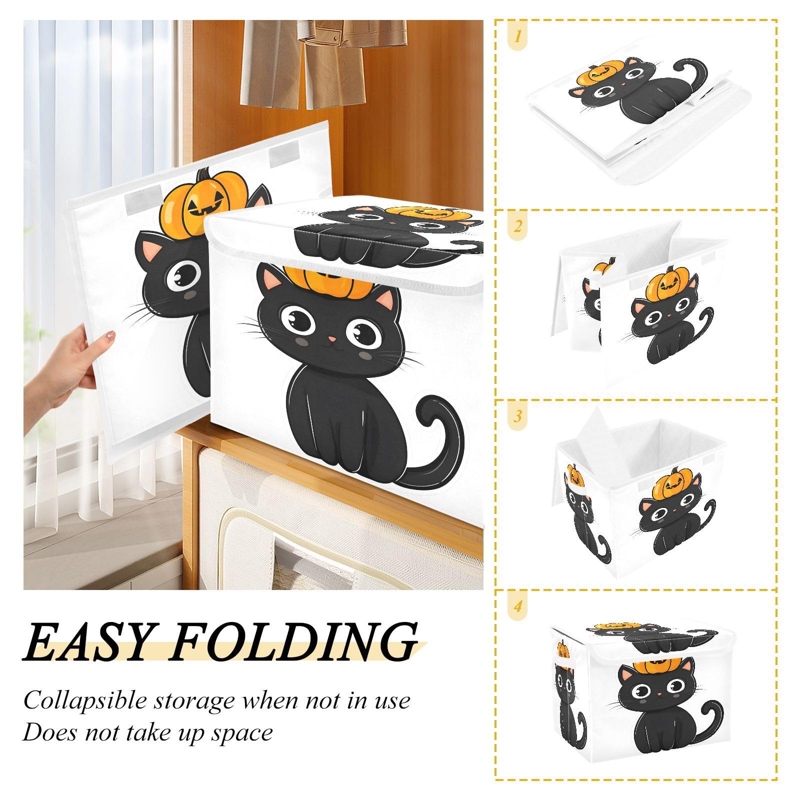 Foldable Fabric Storage Bins with Lids - Collapsible Pumpkin Head Kitten Design Organizer Baskets for Home, Bedroom, Closet & Office | Space-Saving Home Organization Solution