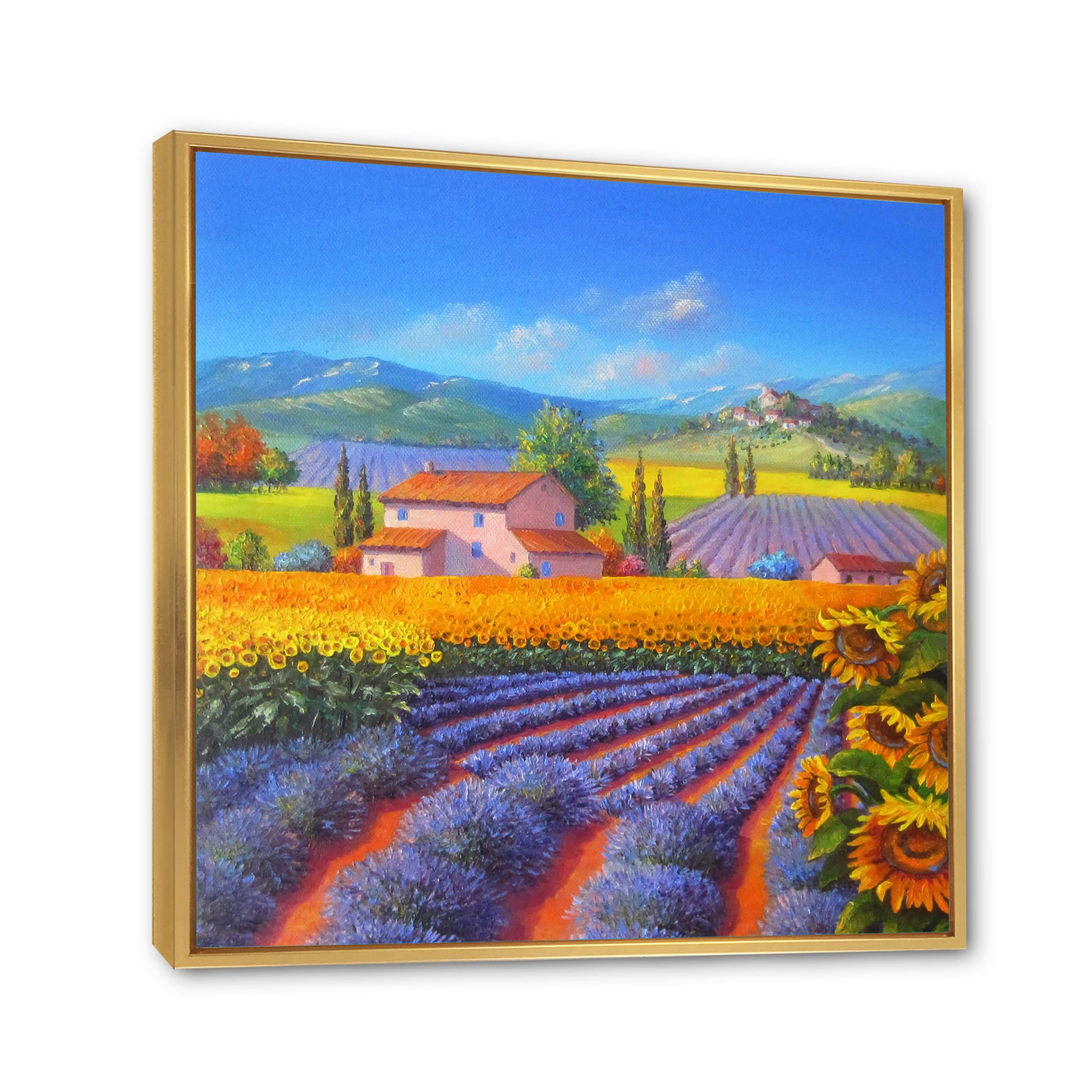 DesignQ Lavender and Sunflower Fields Framed Canvas Wall Art - Handmade Traditional Landscape Painting for Living Room, Bedroom & Office Decor