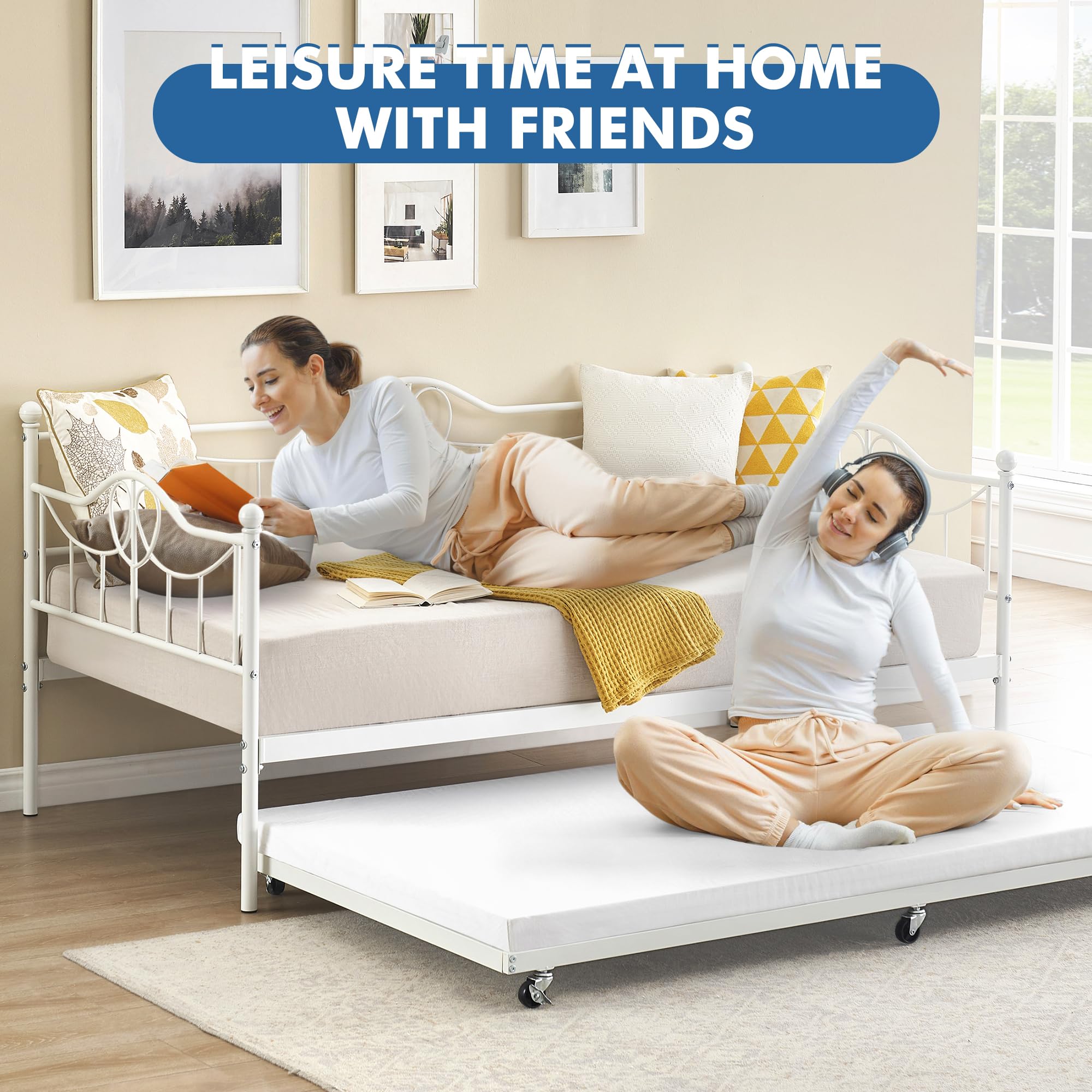Twin Size Daybed with Trundle - Pull Out Twin Daybed Set, Sturdy Metal Frame with Steel Slat Support for Living Room & Bedroom - Easy Assembly in White | Perfect for Guest Rooms, Small Spaces & Multi-Functional Furniture Needs