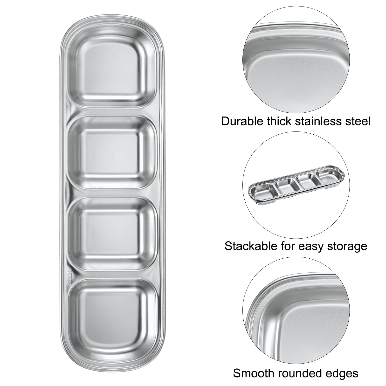 uxcell 2-Pack Stainless Steel Divided Dipping Bowls with 4 Compartments - Metal Condiment Tray for Seasoning, Sauces & Dips - Perfect for Home, Party, Restaurant, Picnic & Travel (Silver)