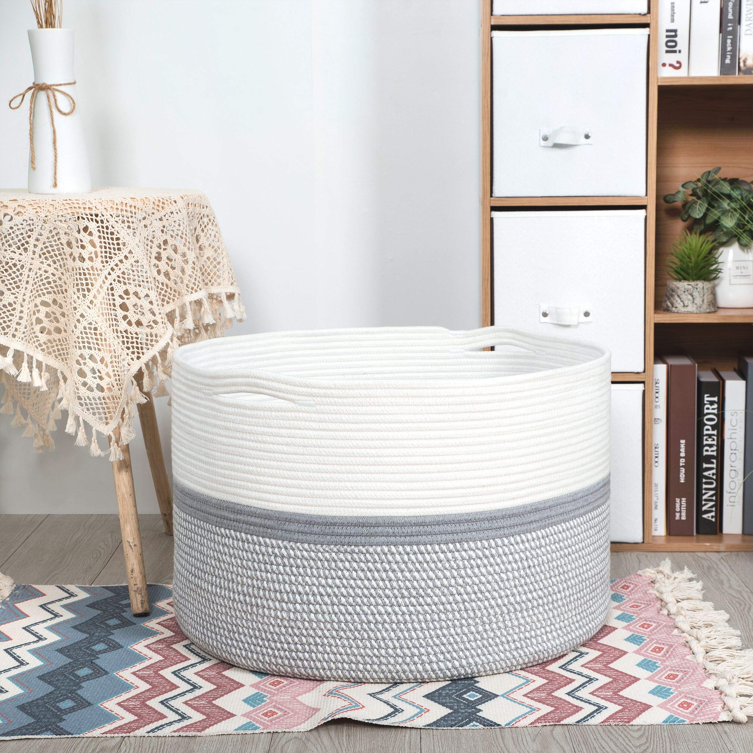 MINTWOOD Extra Large 22x14 Inch Woven Cotton Rope Storage Basket - Laundry Hamper, Blanket Organizer, Dog Toy Bin, Towel Holder for Bedroom, Nursery & Bathroom | Light Grey Mix Home Decor