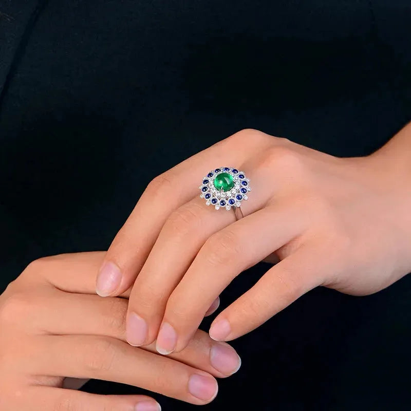1.85ct Natural Emerald Cabochon Cut 18k White Gold Halo Diamond Sapphire Engagement Ring for Women - Perfect for Proposals, Anniversaries & Special Occasions