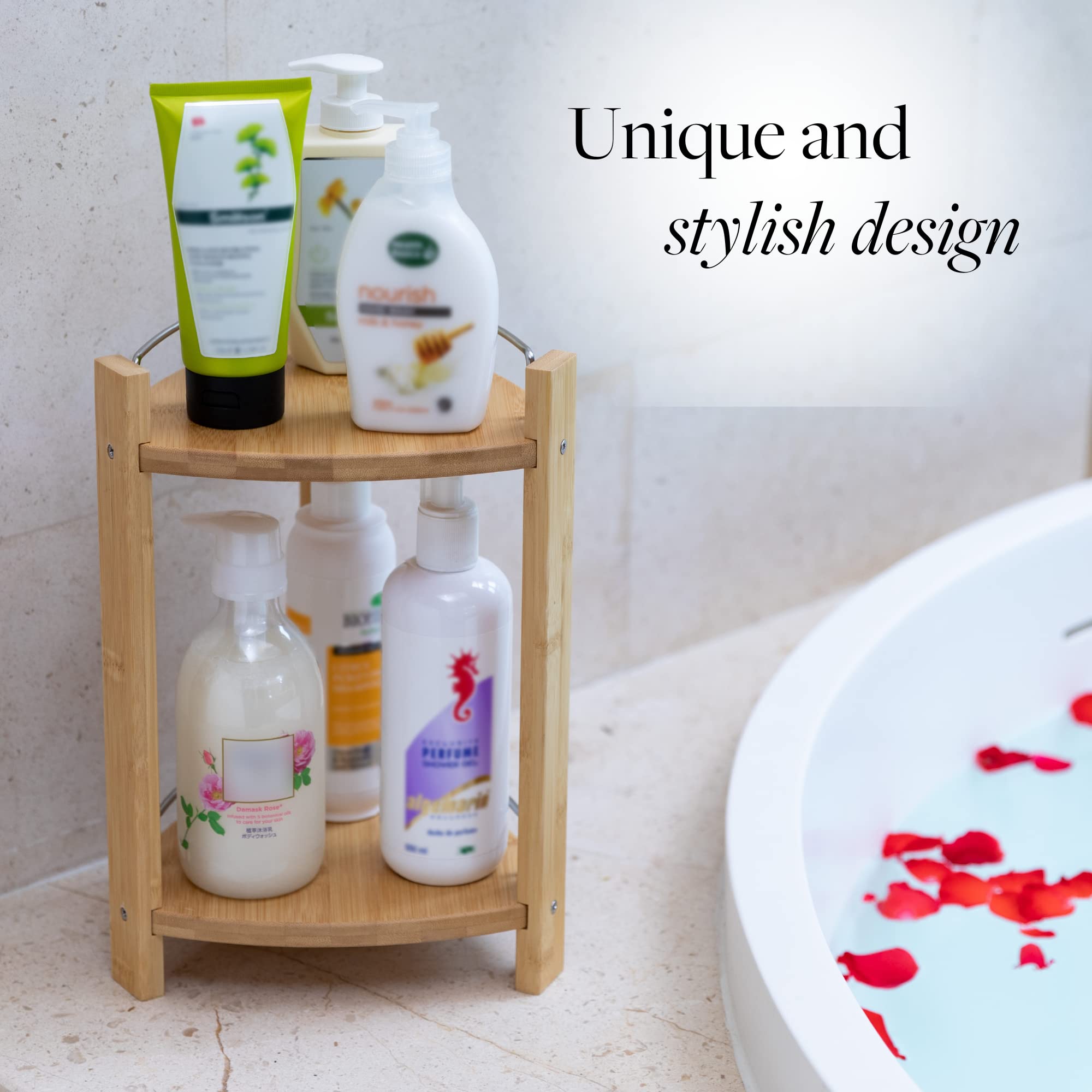 GOBAM Bamboo Shower Corner Caddy - 2 Tier Standing Shower Organizer for Shampoo, Conditioner, Soap & Beauty Products - Bathroom Storage Shelf for Kitchen, Bedroom or Office - Perfect for Small Spaces & Clutter-Free Showers