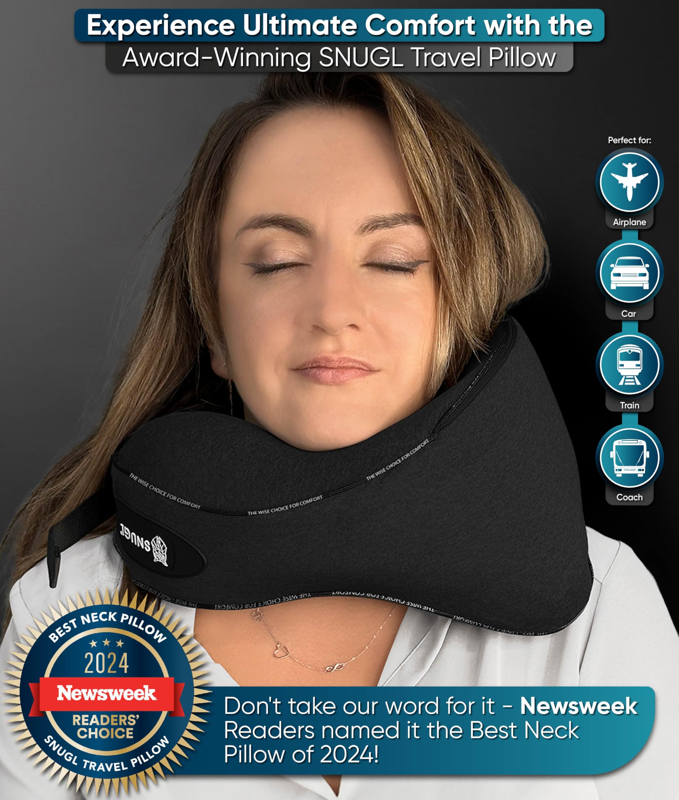 SNUGL Memory Foam Travel Neck Pillow for Airplane Sleeping - Ergonomic Neck Support with Carry Bag & Clip - Best Flight Travel Accessories for Long Haul Flights, Road Trips & Camping - Black