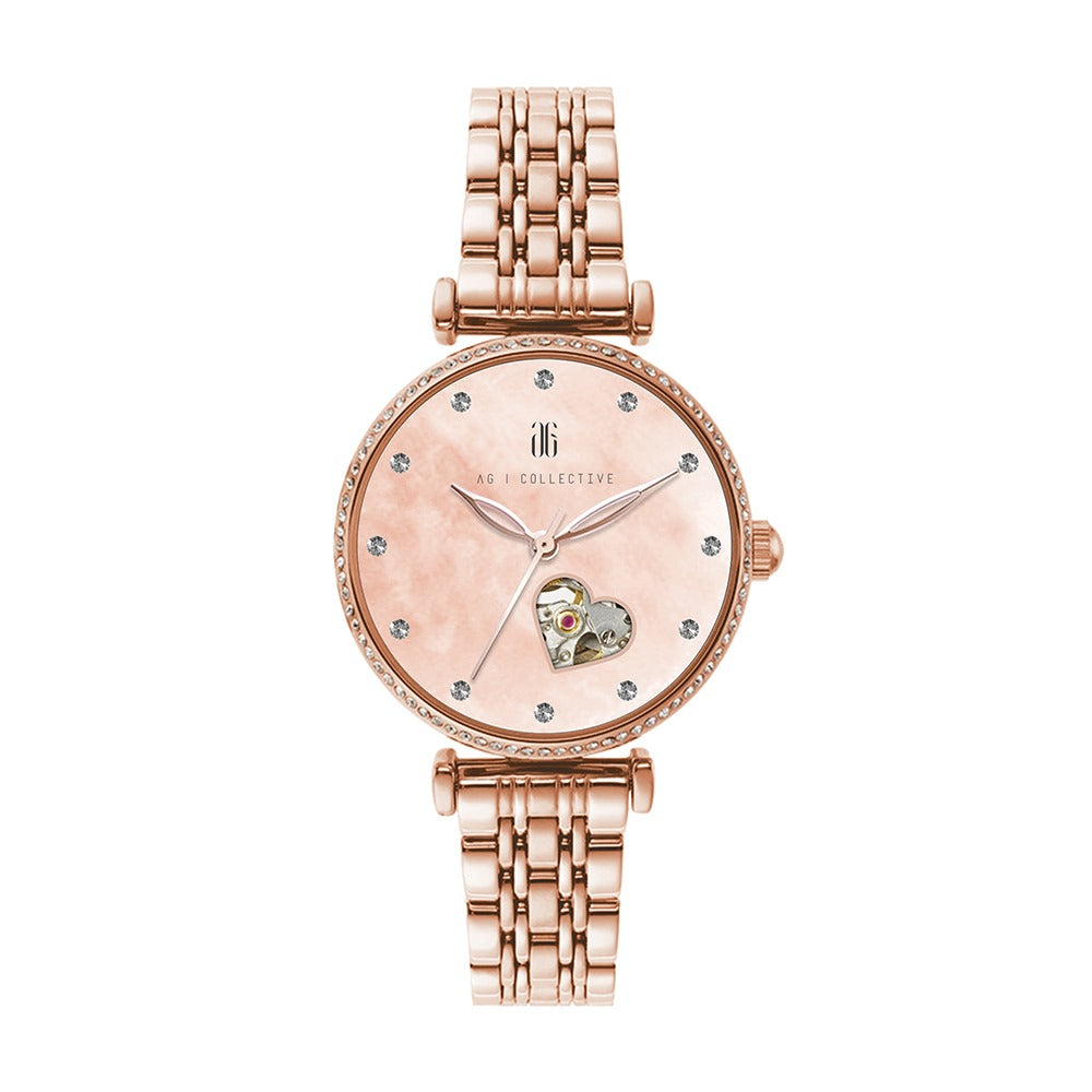 AG Collective L 5043 Series Open Heart Women's Watch with 12 Stones - Stainless Steel Strap, Elegant Dress Watch for Women, Perfect for Office, Party & Special Occasions