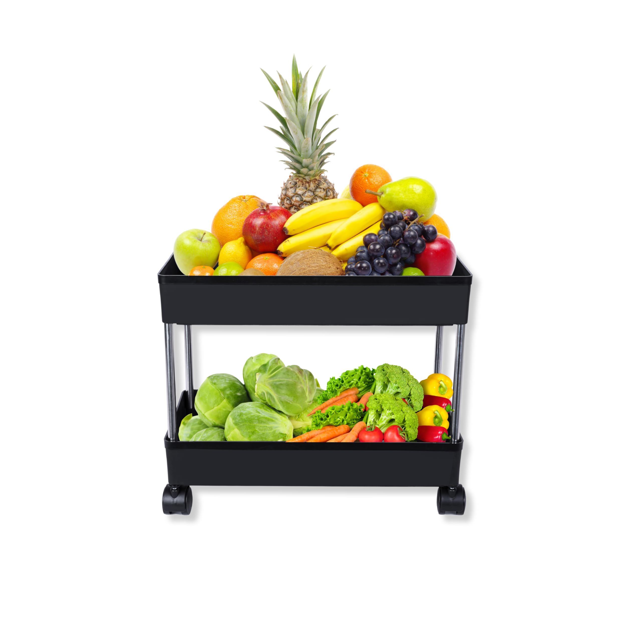 2-Tier Rolling Kitchen Cart with Wheels - Space Saving Storage Organizer for Vegetables, Fruits, Pantry Items - Perfect for Kitchen, Living Room, Bedroom & Office (Black) | Compact Mobile Shelf for Small Spaces & Home Organization