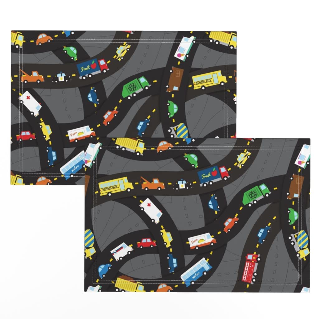 Spoonflower Linen Cotton Canvas Placemats Set of 2 - Gray Travel Road Cars Trucks Print Washable Table Mats for Kids, Baby Boys | Perfect for Dining, Picnics & Road Trips