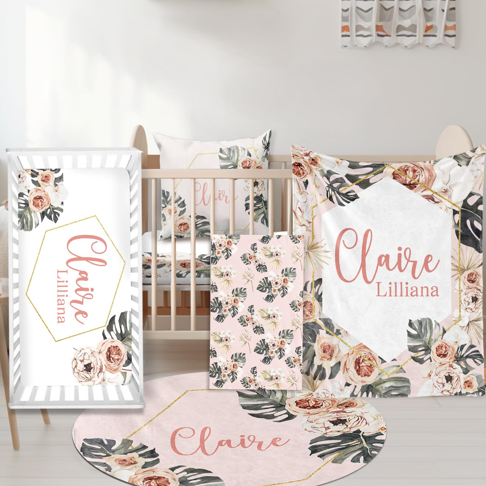 Custom Nursery Crib Bedding Set - Personalized Baby Blanket, Fitted Crib Sheet & Changing Pad Cover | Boho Green Leaves Pattern Pink Baby Room Decor | Perfect for Newborn Gifts & Nursery Design (Fixed Size) - Ideal for Baby Showers, Gender Reveals & Nursery Room Makeovers