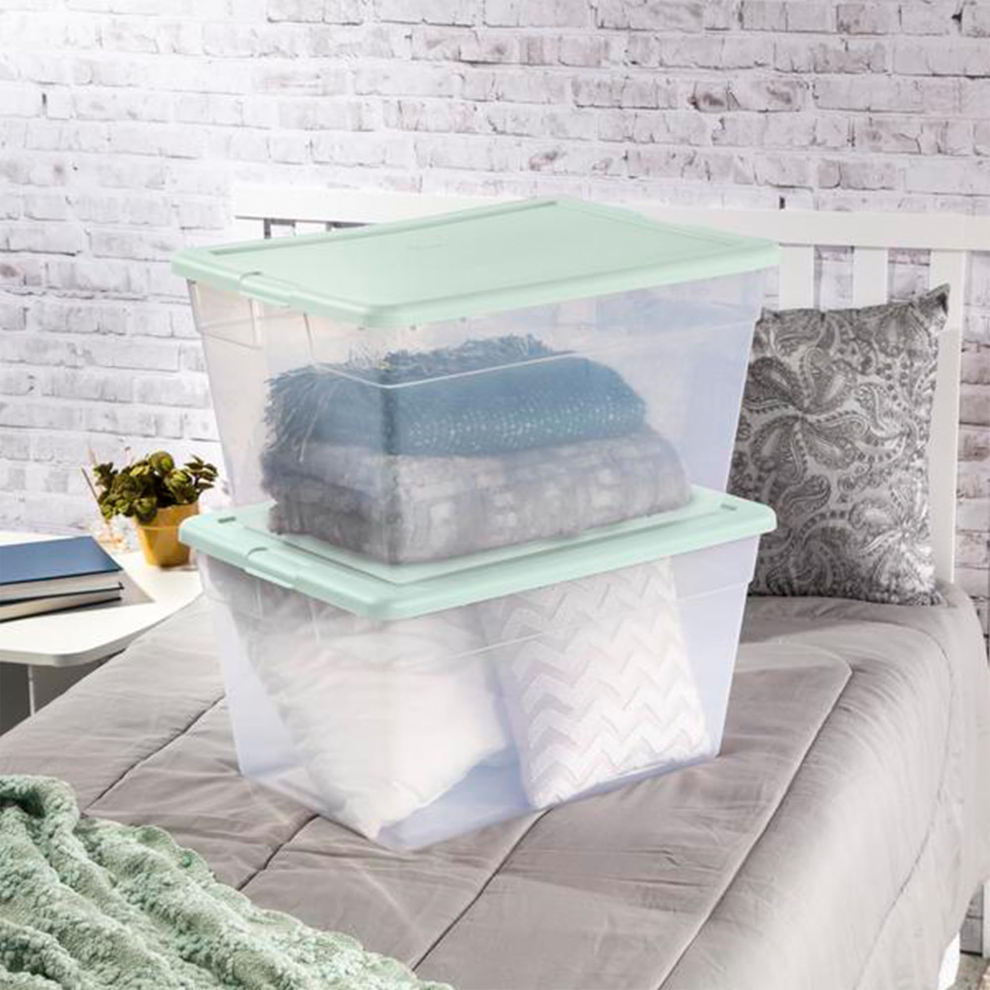 Sterilite 24-Pack Clear Plastic Storage Bins with Lids - 56 Qt Stackable Organizer Containers for Home, Office & Closet Organization - Mindful Mint Color