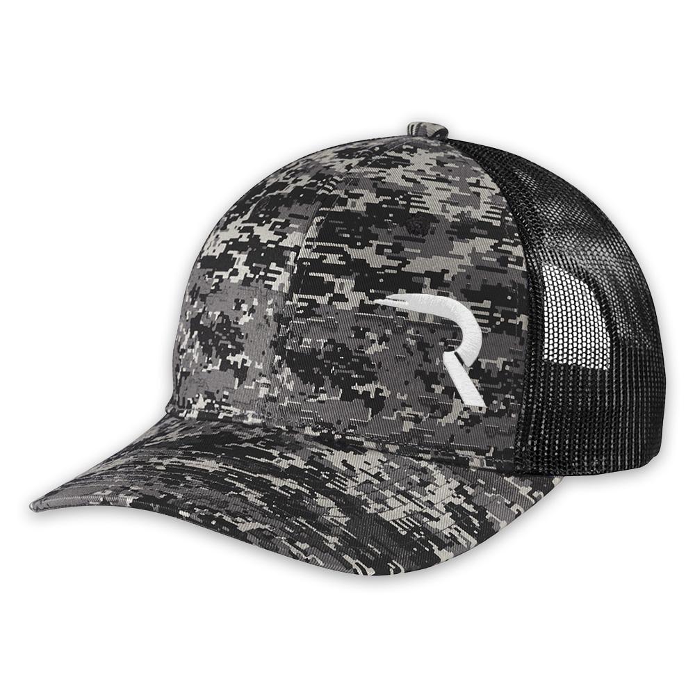 RECON R Trucker Snapback Hat - Gray Digital Camo with White Logo - Perfect for Outdoor Adventures, Hunting & Casual Wear