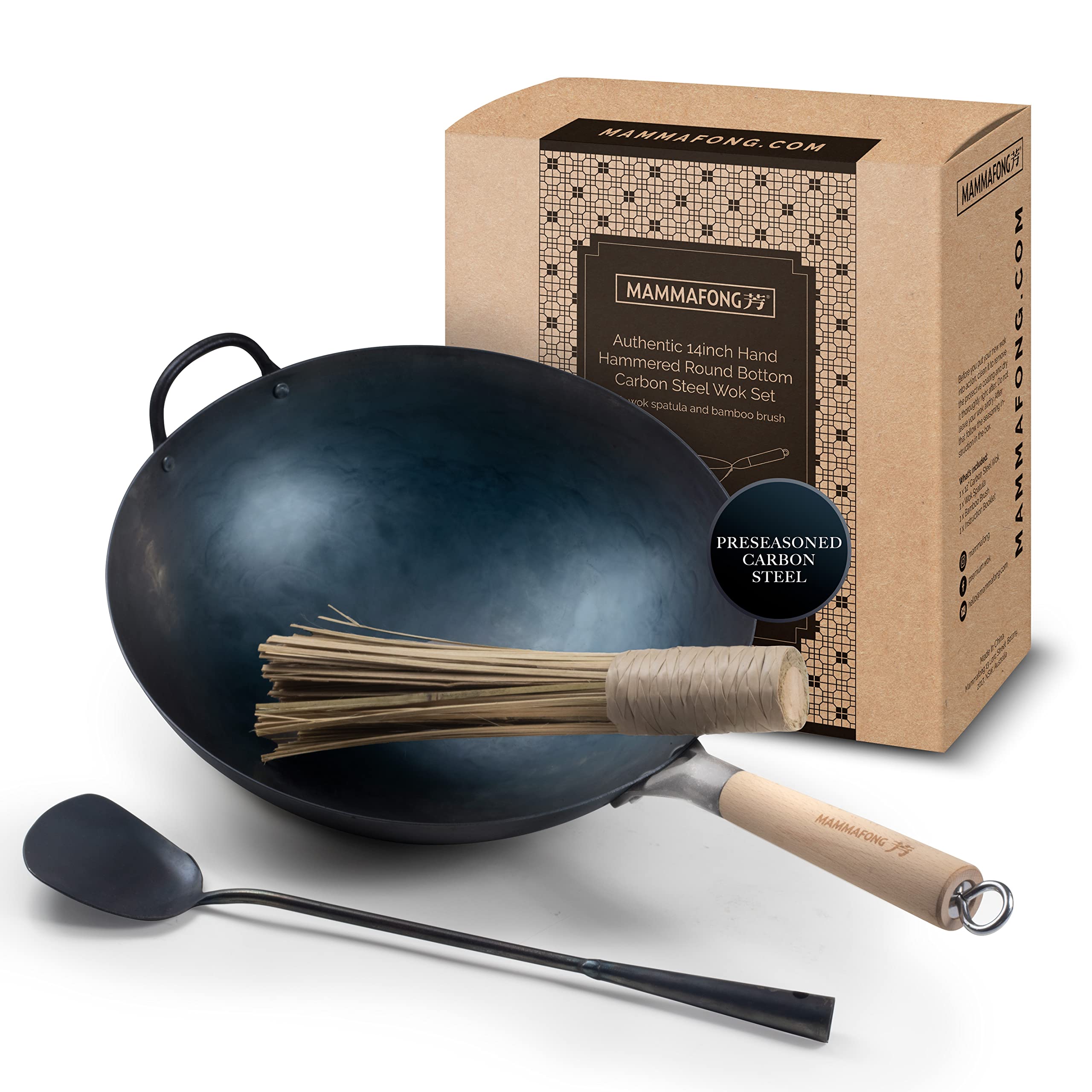 14 Inch Traditional Hand Hammered Pre-Seasoned Carbon Steel Wok Set with Spatula & Bamboo Brush - Round Bottom Chinese Stir Fry Pan for Professional Cooking, Home Kitchen & Asian Cuisine