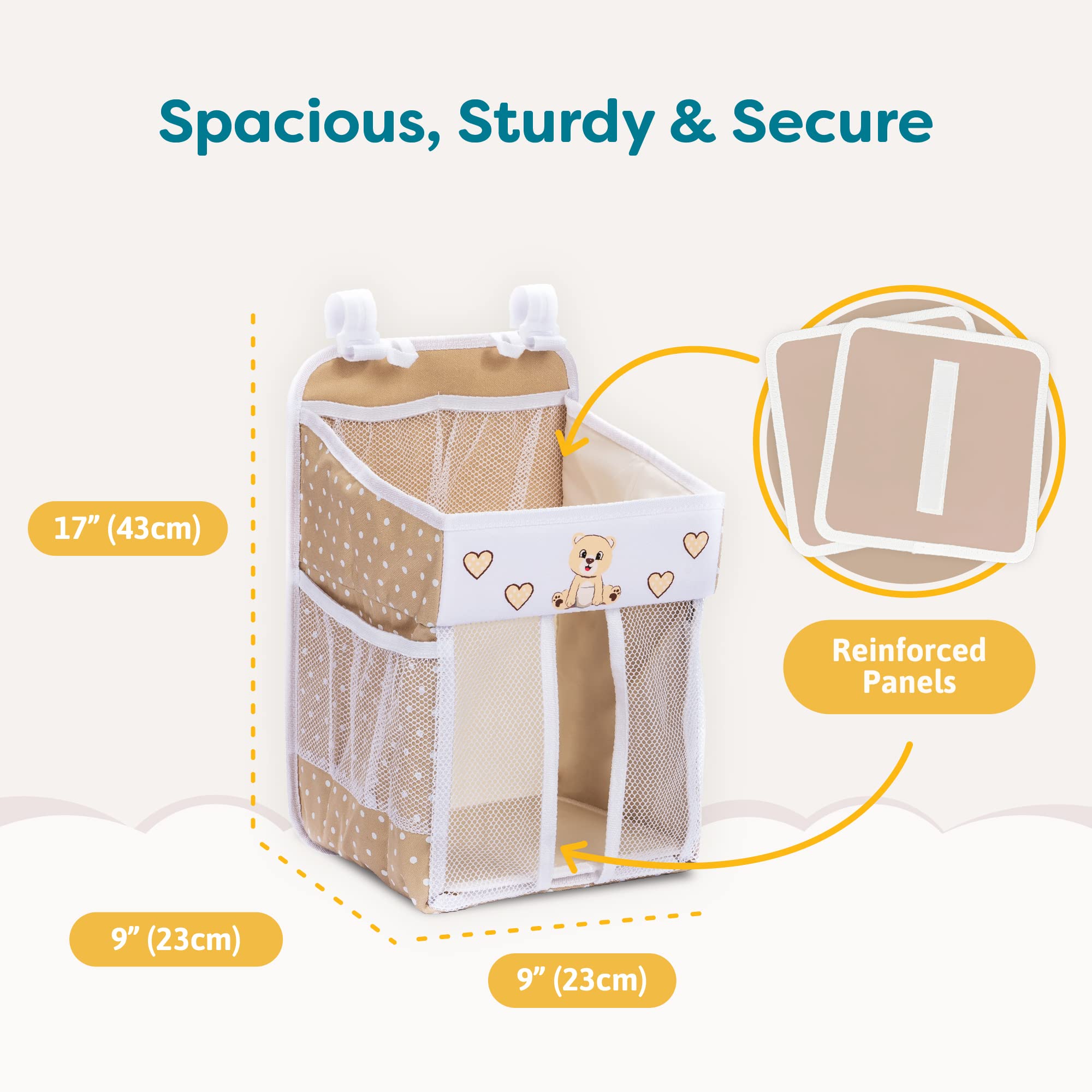 Hanging Diaper Caddy Organizer - Baby Shower Gift for New Parents | Holds 50+ Diapers & Nursery Essentials | Teddy Bear Design (17x9x9 Inches) | Perfect for Changing Tables, Nursery Organization & Baby Care