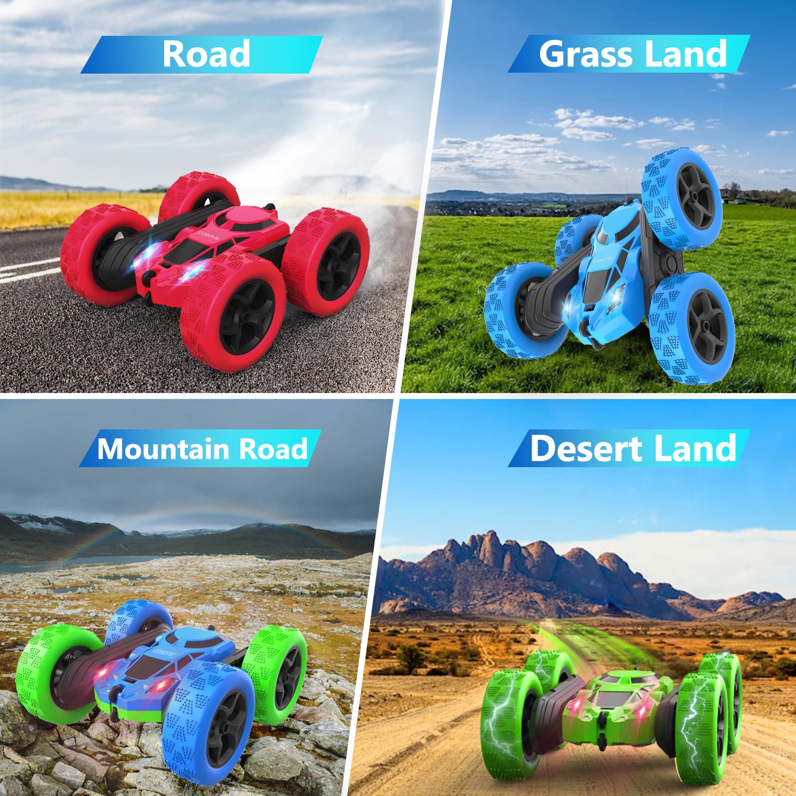Cosone 2.4Ghz 4WD Remote Control Car for Kids - 360° Rotating Rechargeable RC Truck with LED Lights, All Terrain Toy Car for Boys & Girls (Blue) - Perfect for Indoor Play, Outdoor Adventures & Birthday Gifts